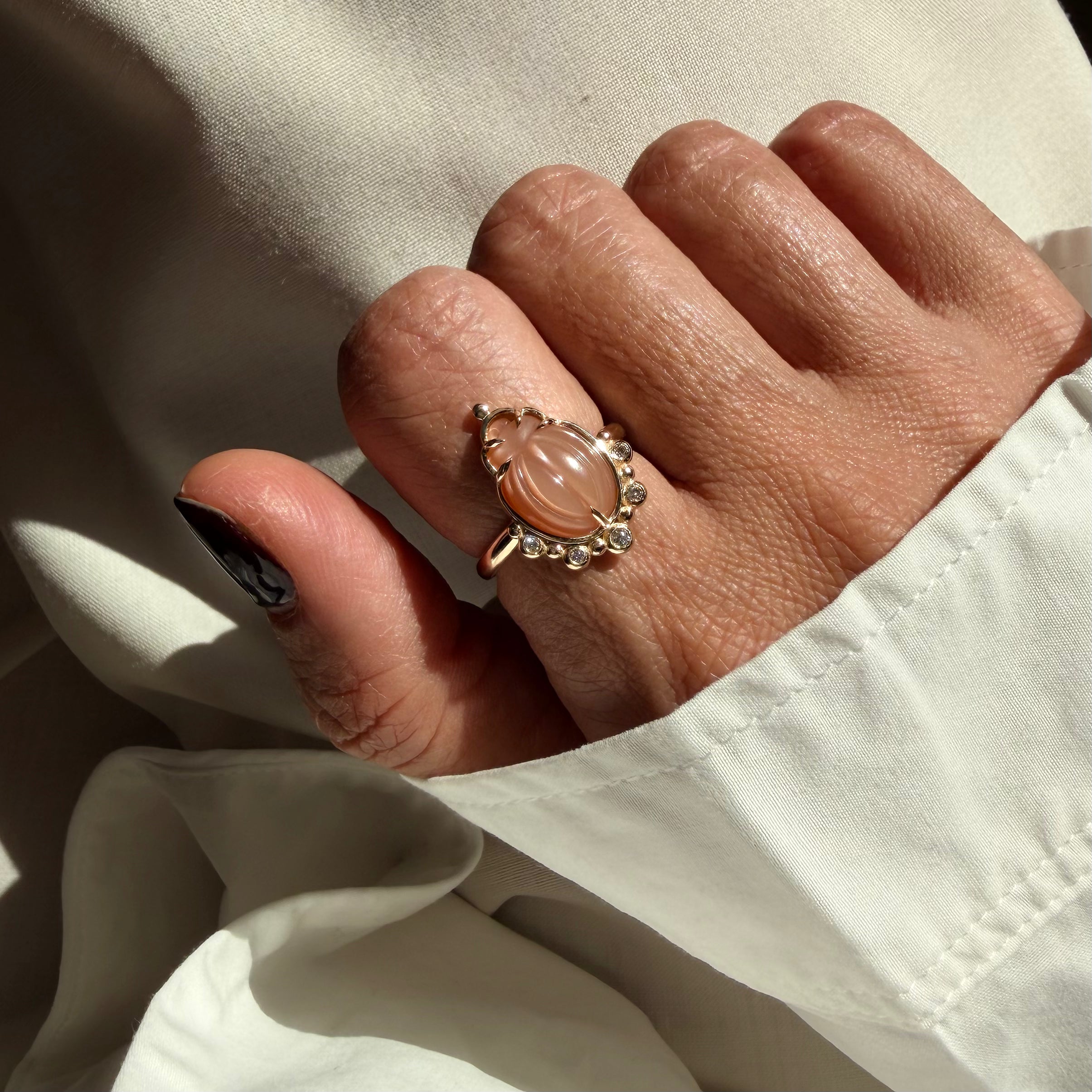 14K Gold Small Scarab Moonstone Ring with Diamonds