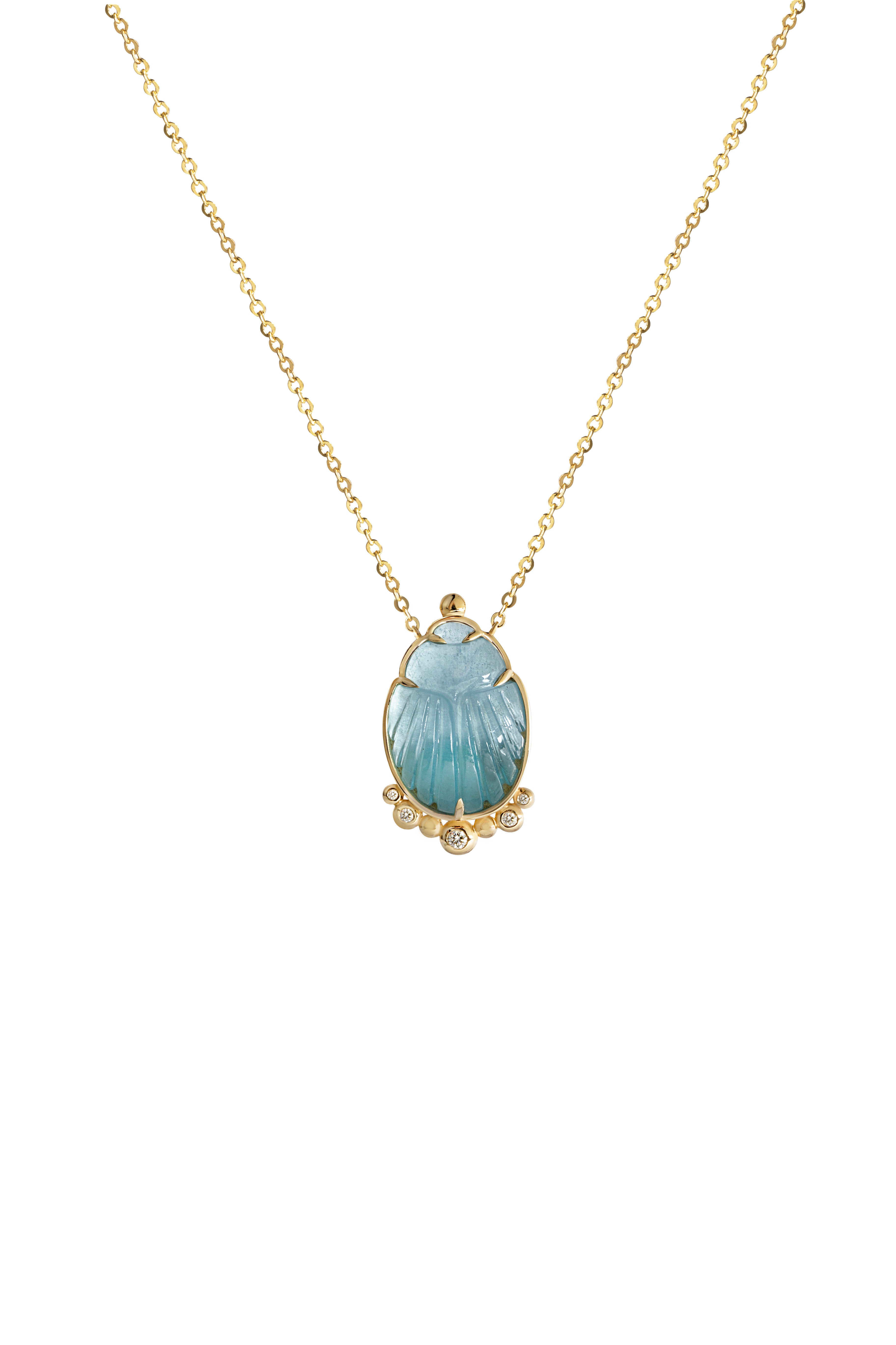 14K Gold Scarab Aquamarine Pendant Necklace with Diamonds