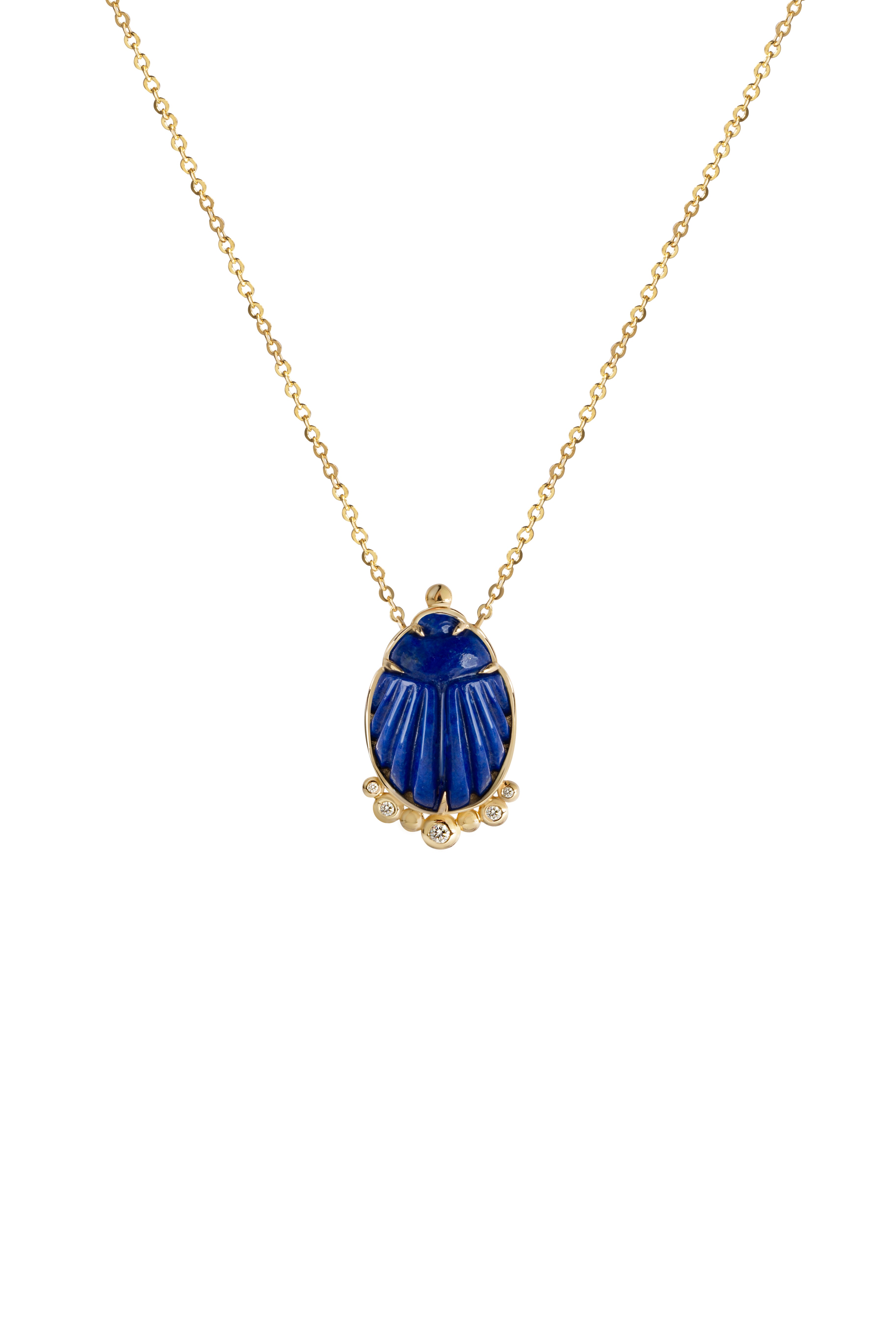 14K Gold Scarab Lapis Lazuli Pendant Necklace with Diamonds