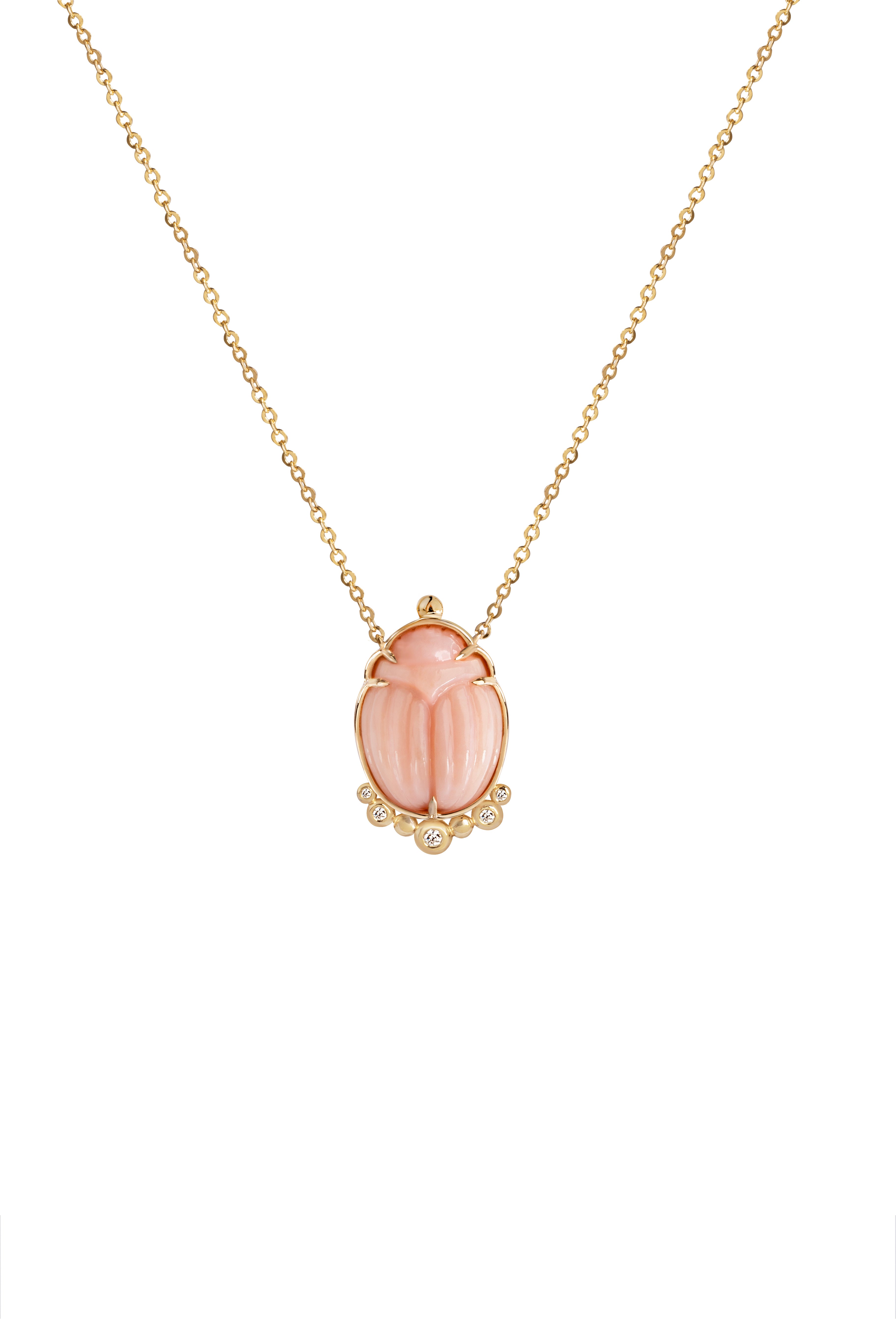 14K Gold Scarab Pink Opal Pendant Necklace with Diamonds