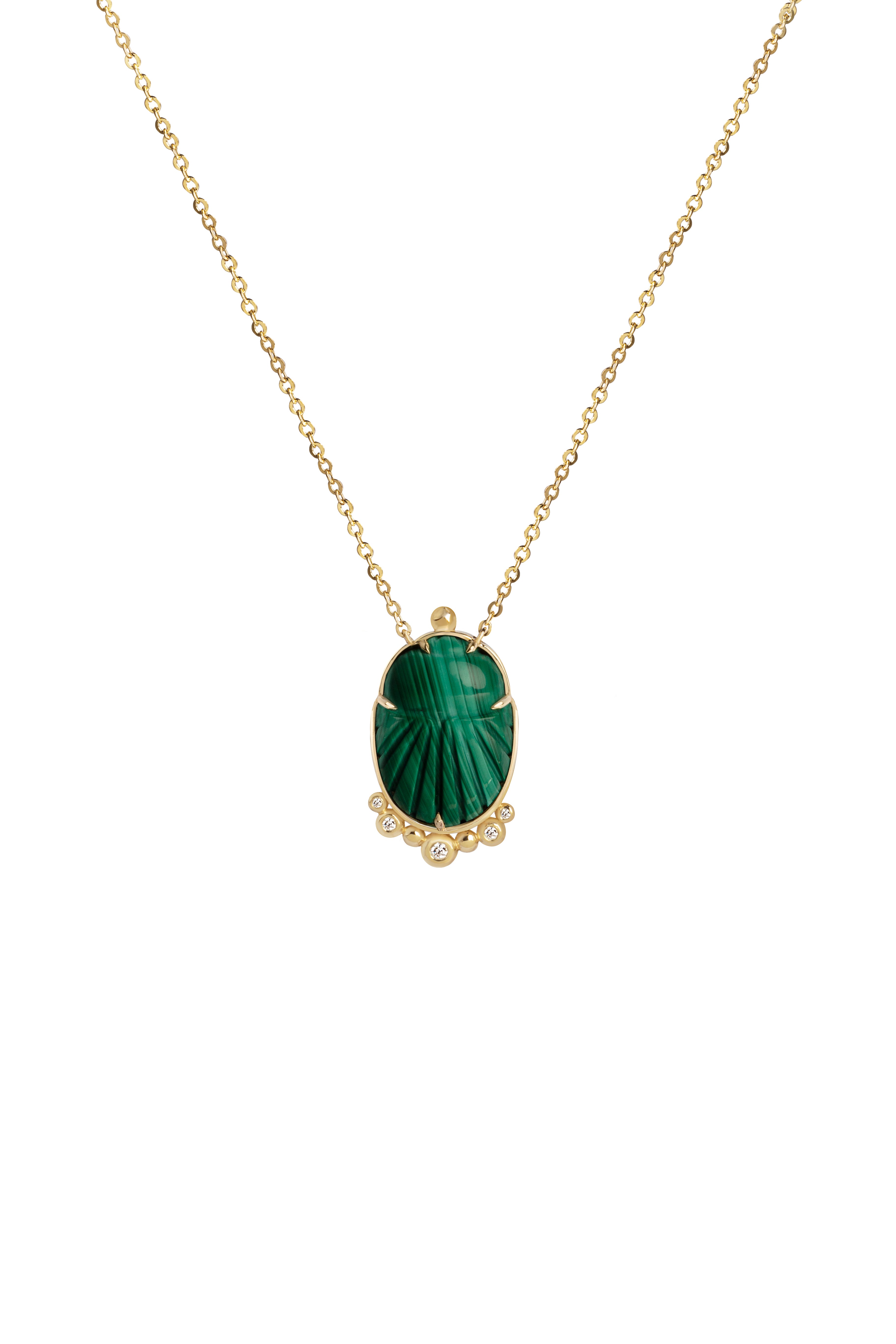 14K Gold Scarab Malachite Pendant Necklace with Diamonds