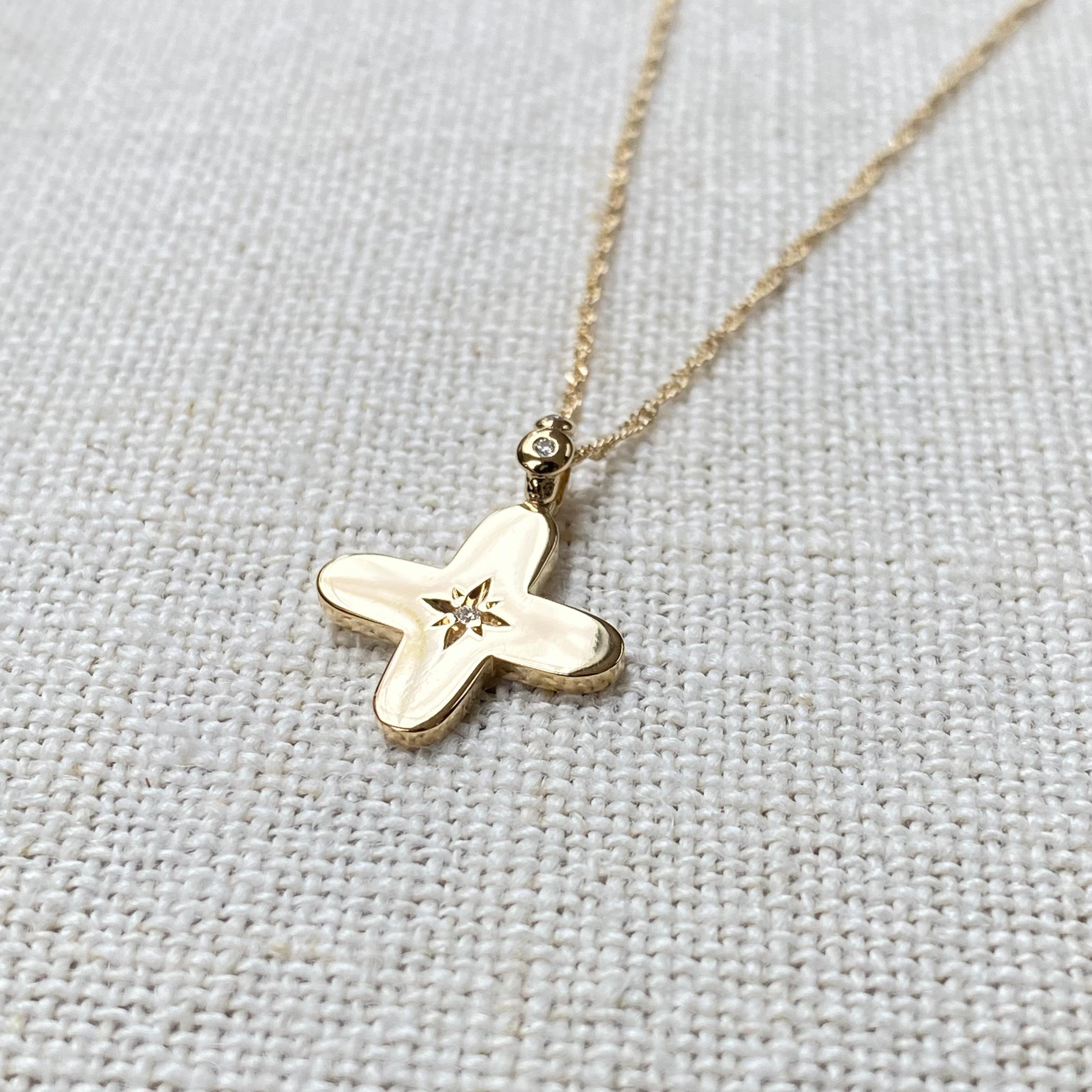 Squared Curved Edges Gold Diamond Star Cross with diamond hoop Pendant