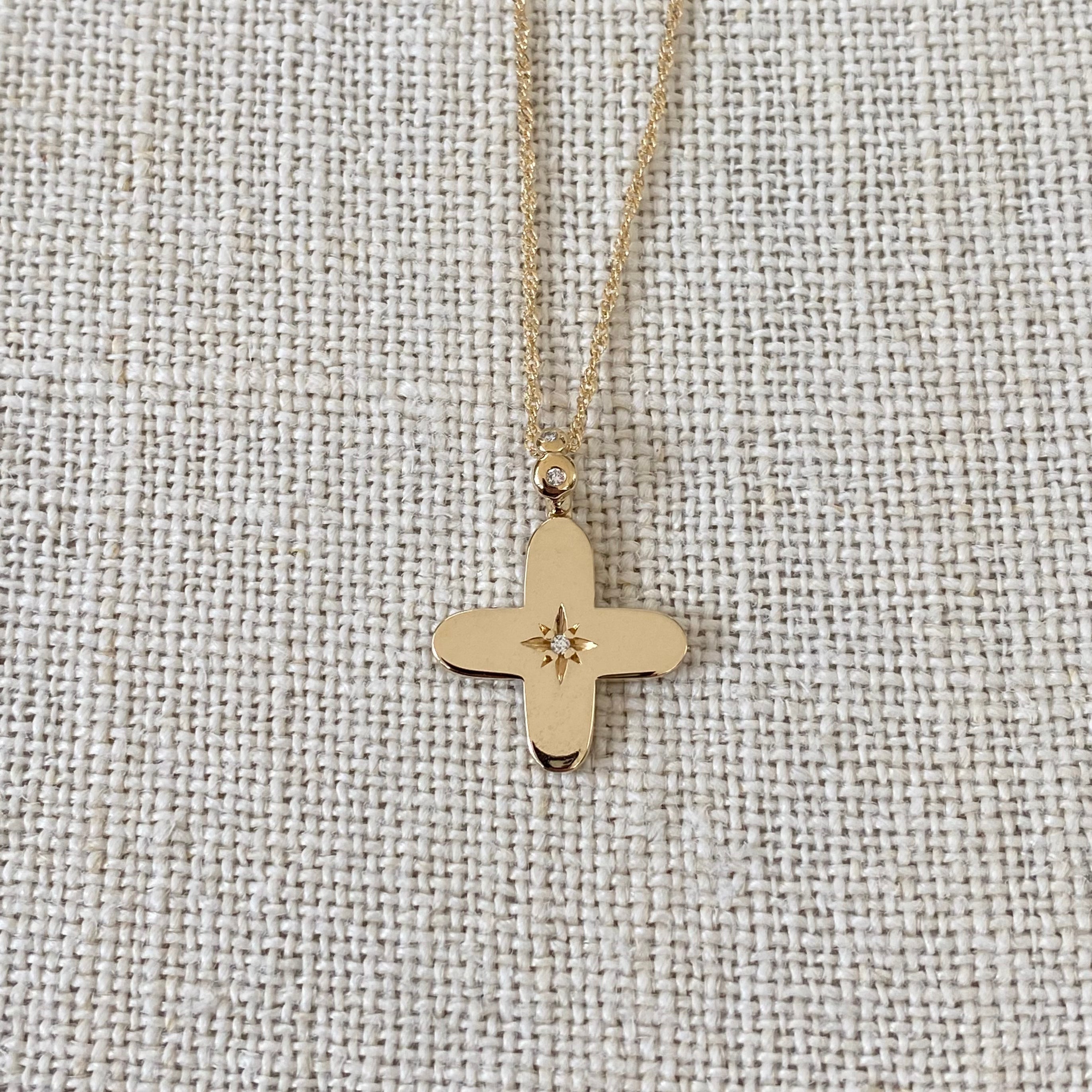 Squared Curved Edges Gold Diamond Star Cross with diamond hoop Pendant