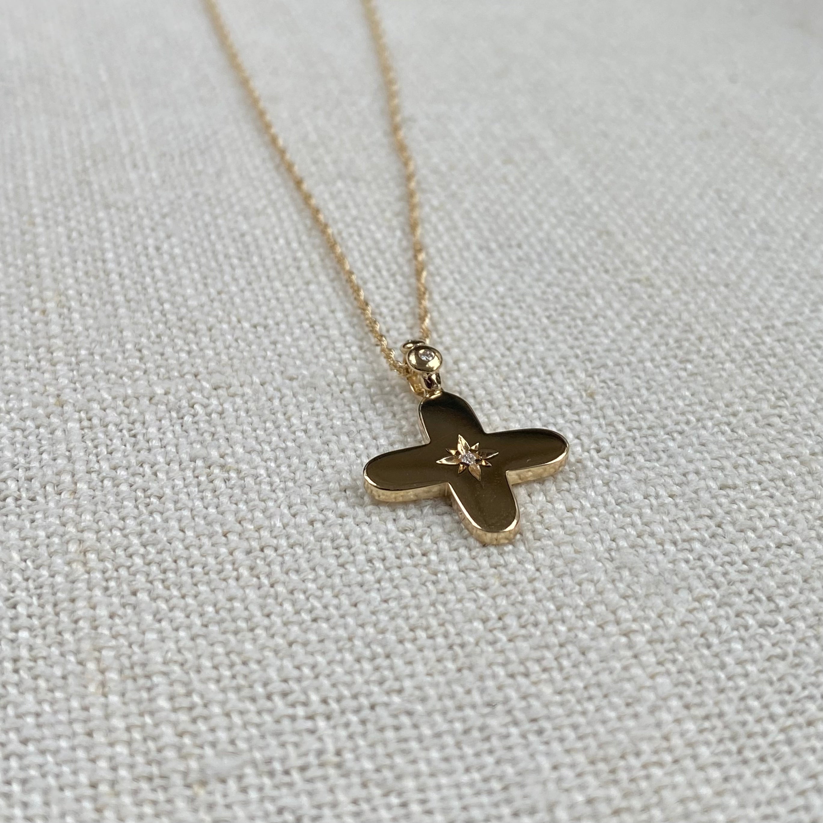 Squared Curved Edges Gold Diamond Star Cross with diamond hoop Pendant