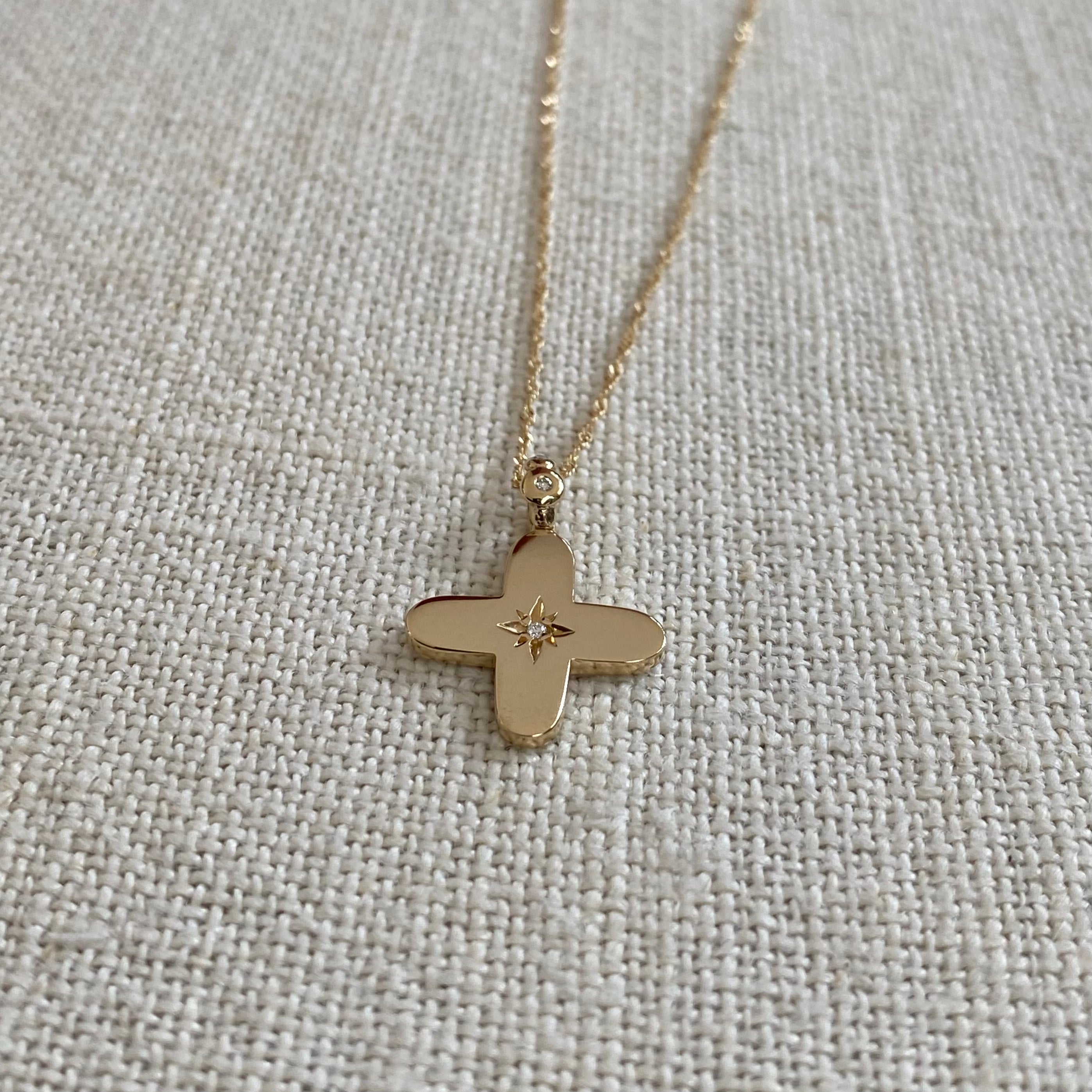 Squared Curved Edges Gold Diamond Star Cross with diamond hoop Pendant