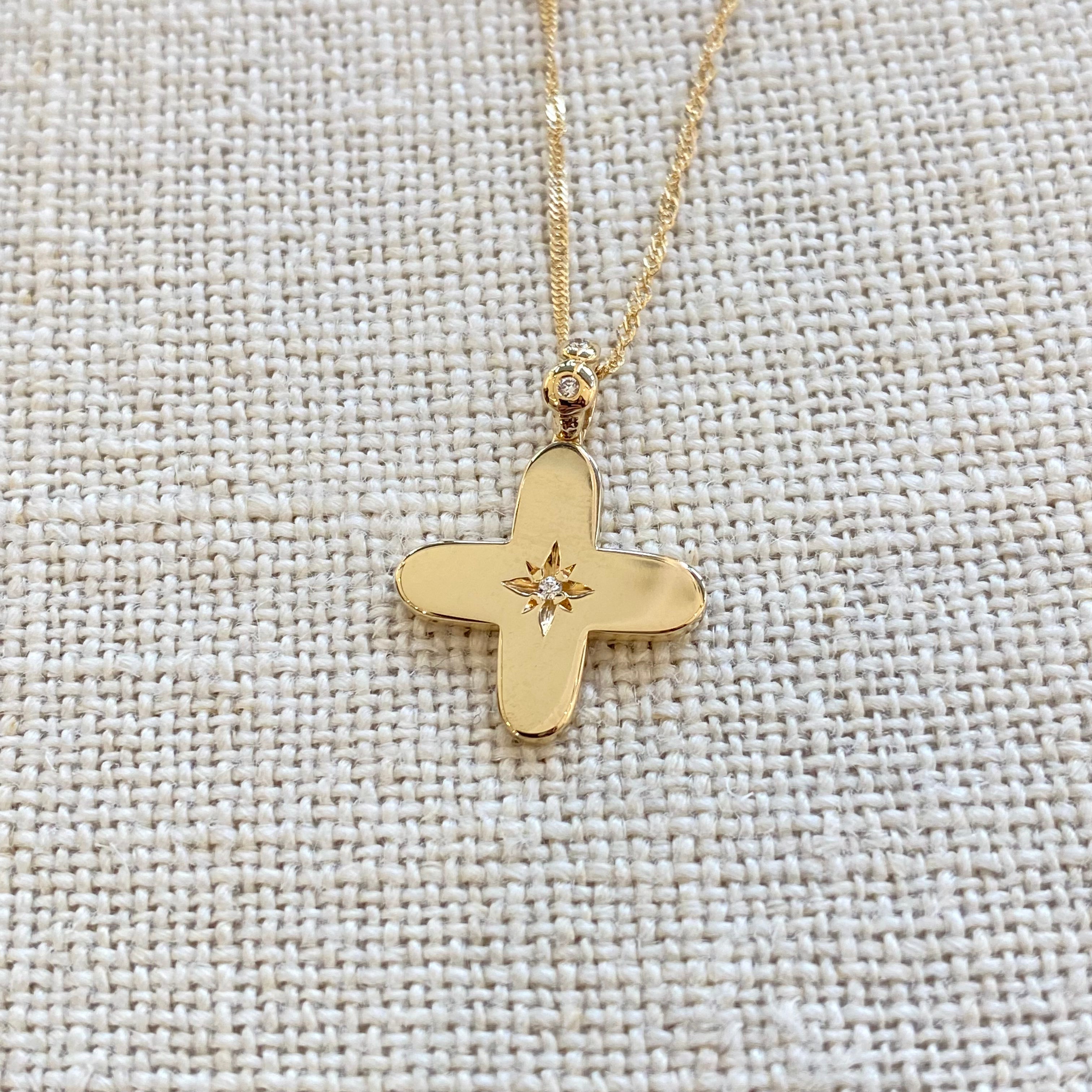 Squared Curved Edges Gold Diamond Star Cross with diamond hoop Pendant
