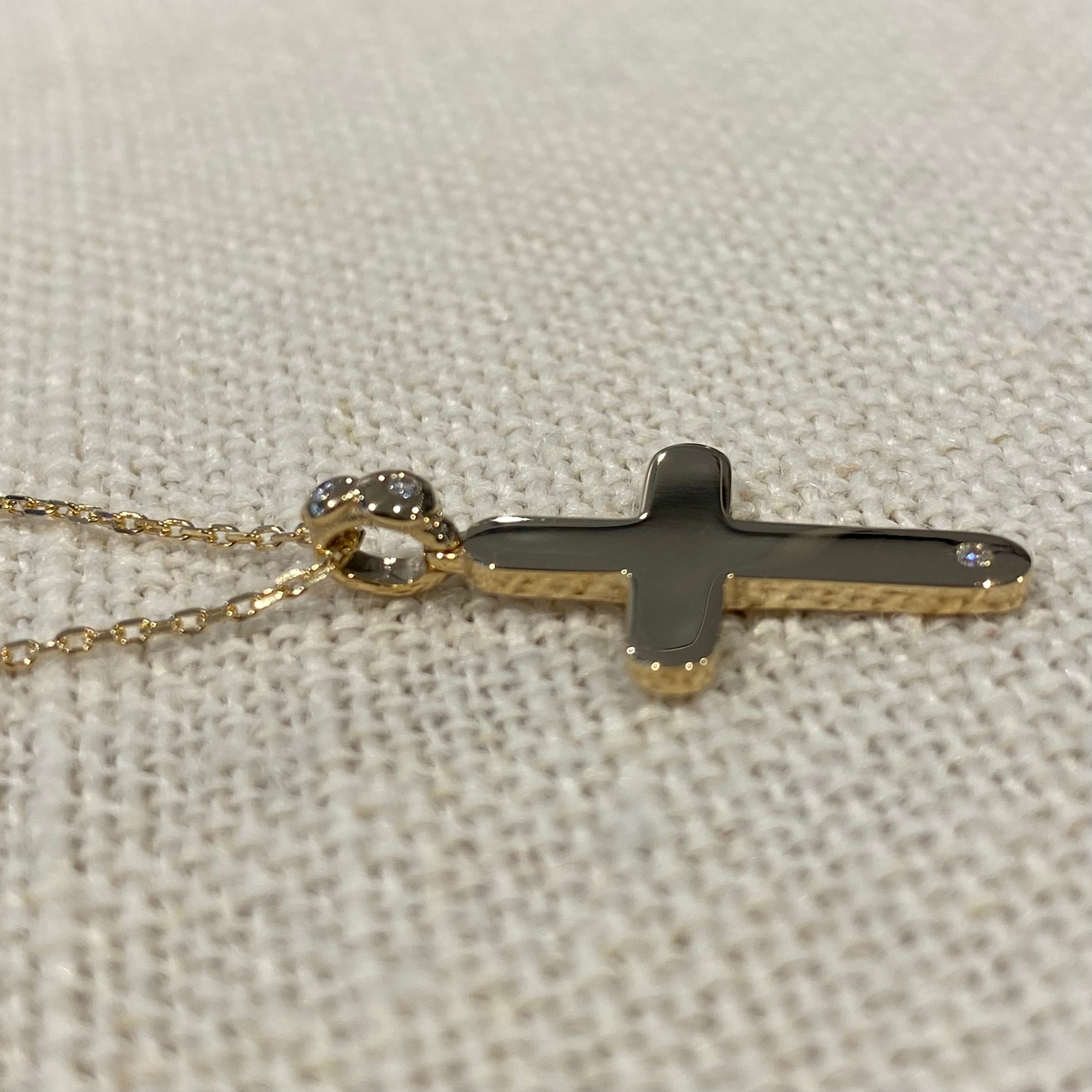 Curved Edges Gold Cross Pendant with Diamond Hoop
