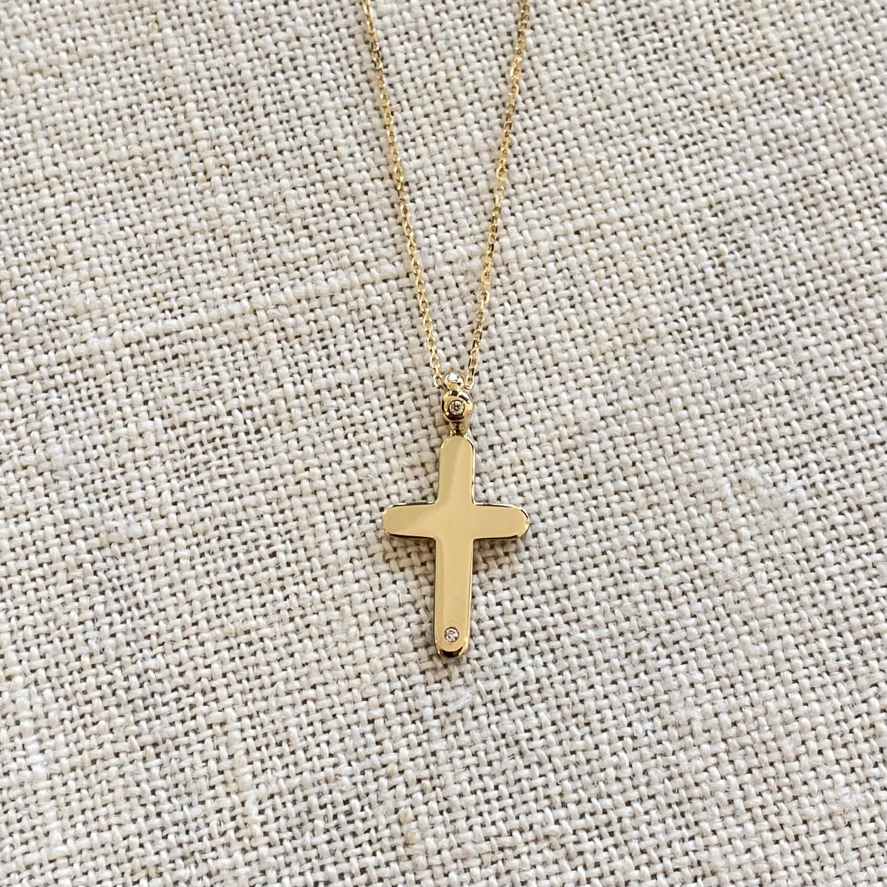 Curved Edges Gold Cross Pendant with Diamond Hoop