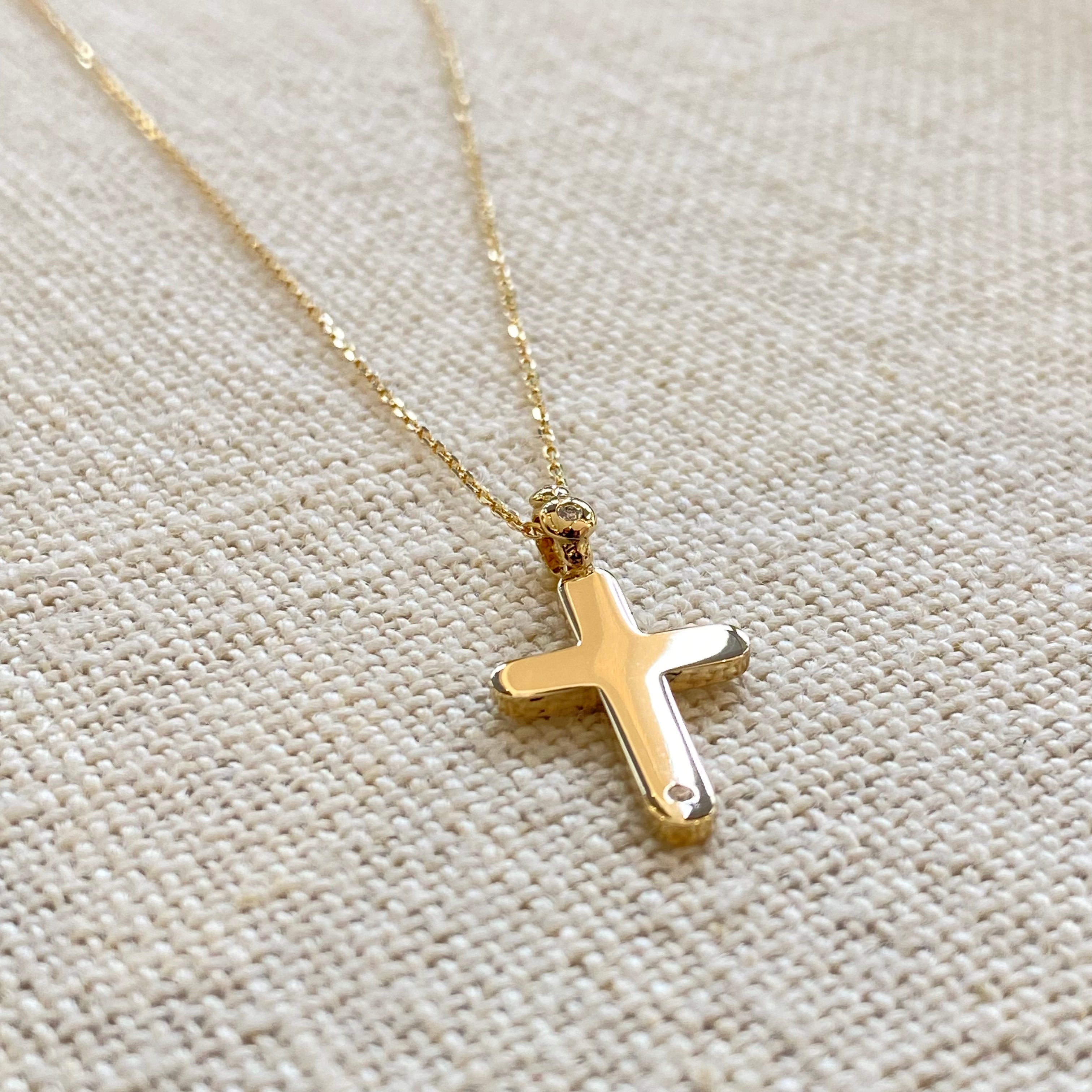 Curved Edges Gold Cross Pendant with Diamond Hoop
