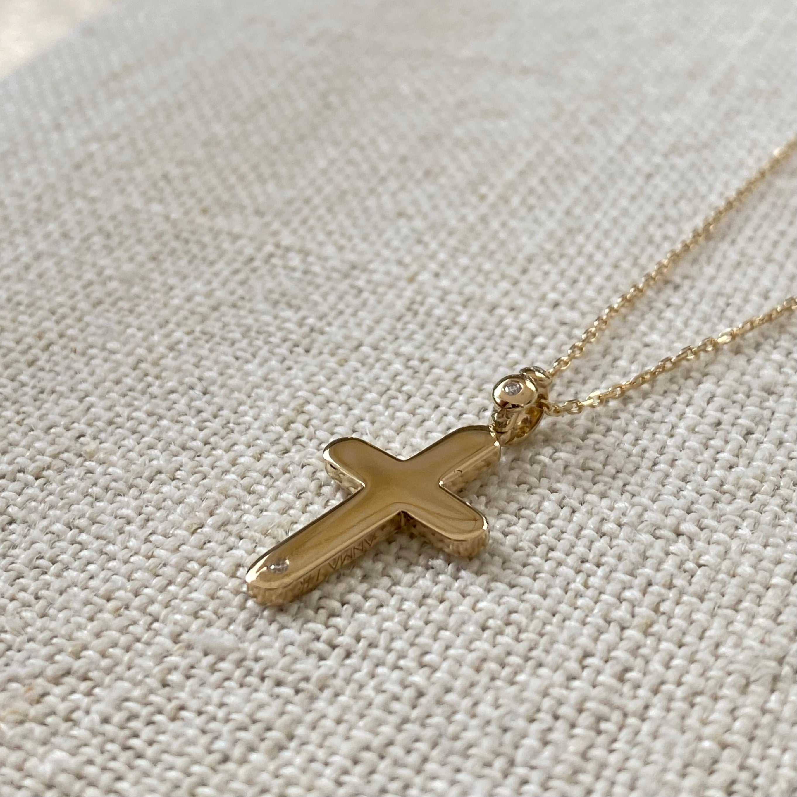 Curved Edges Gold Cross Pendant with Diamond Hoop