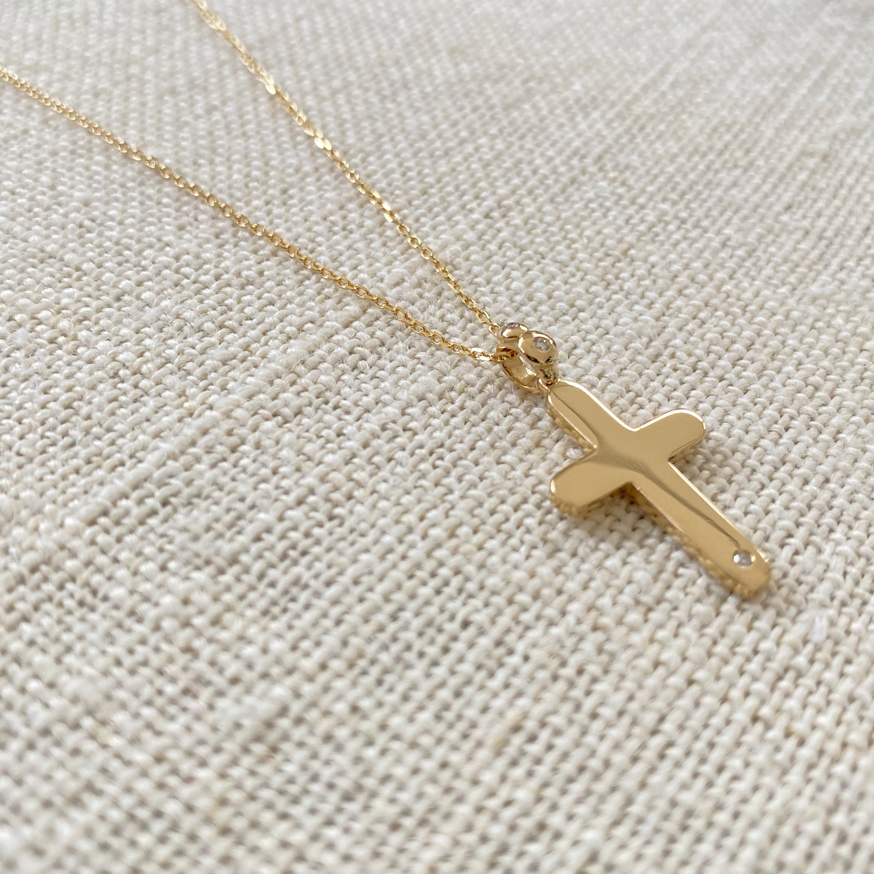 Curved Edges Gold Cross Pendant with Diamond Hoop