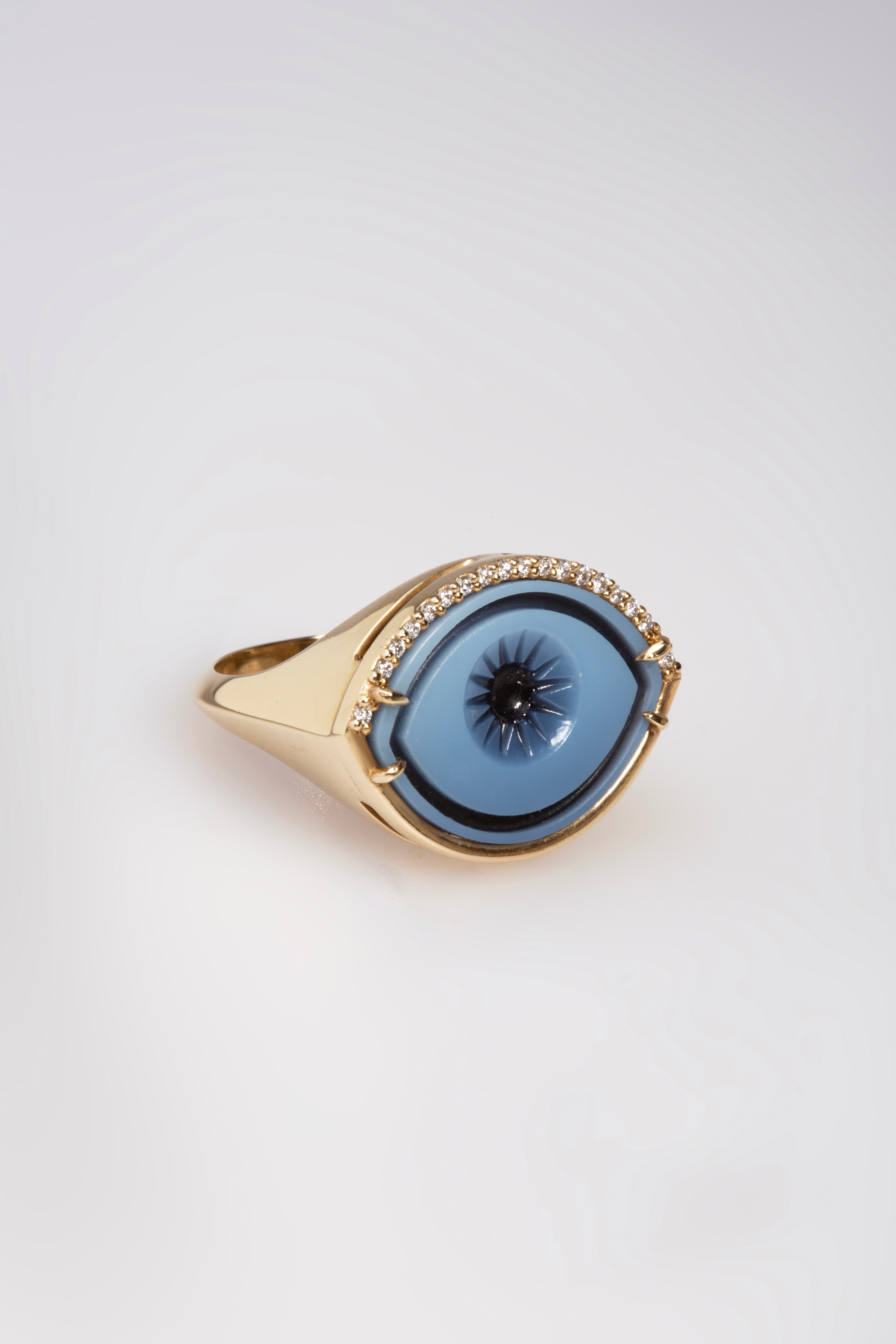 Cycladic Talisman 14K Gold Ring with Cameo Eye and Diamonds