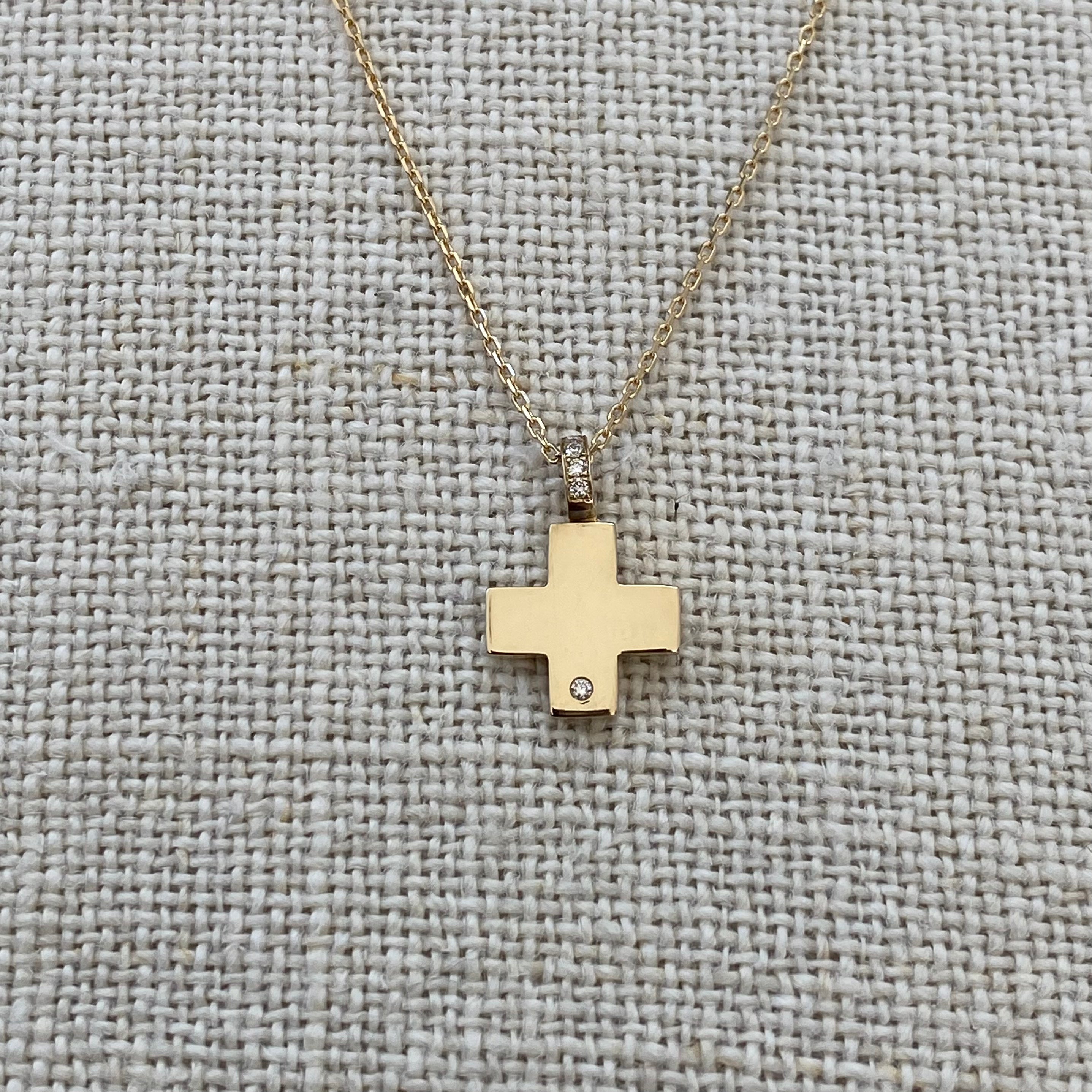 Tiny Squared Gold Cross Pendant with a diamond hoop