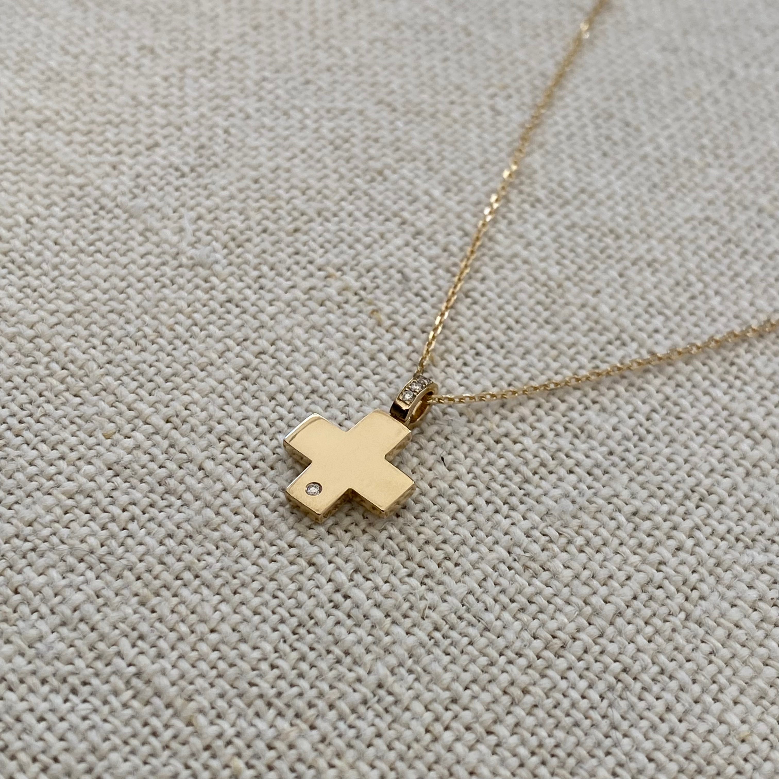 Tiny Squared Gold Cross Pendant with a diamond hoop