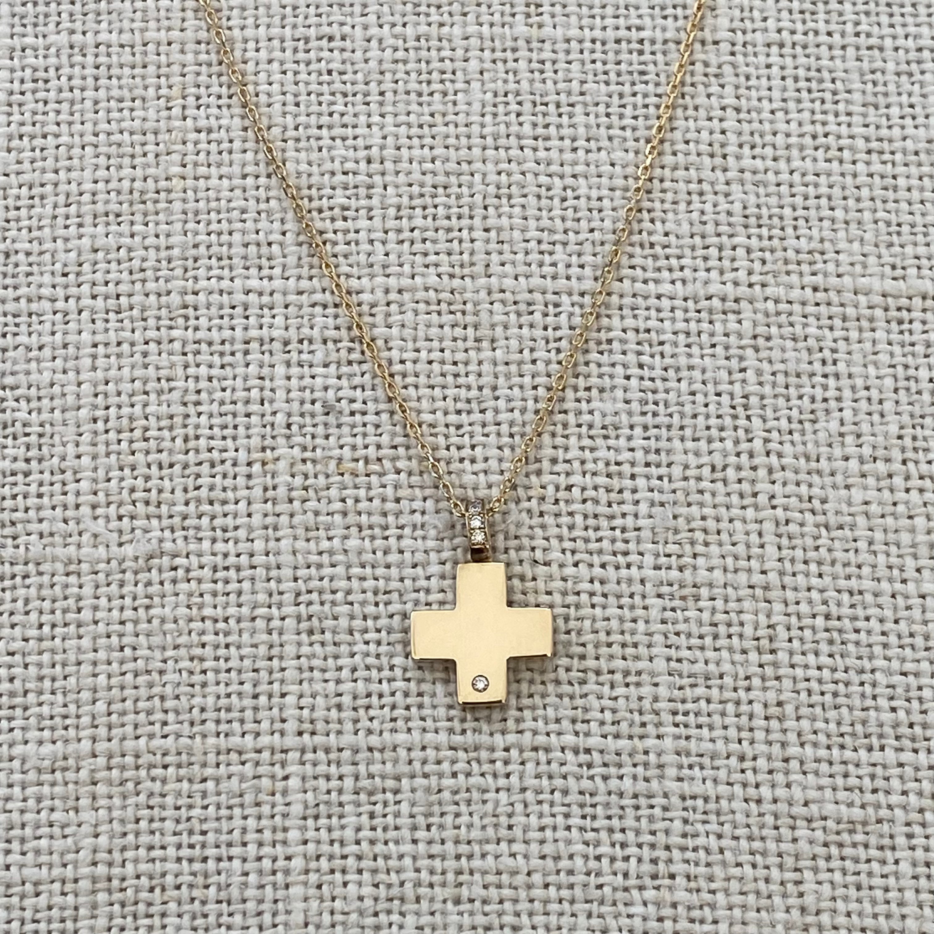 Tiny Squared Gold Cross Pendant with a diamond hoop