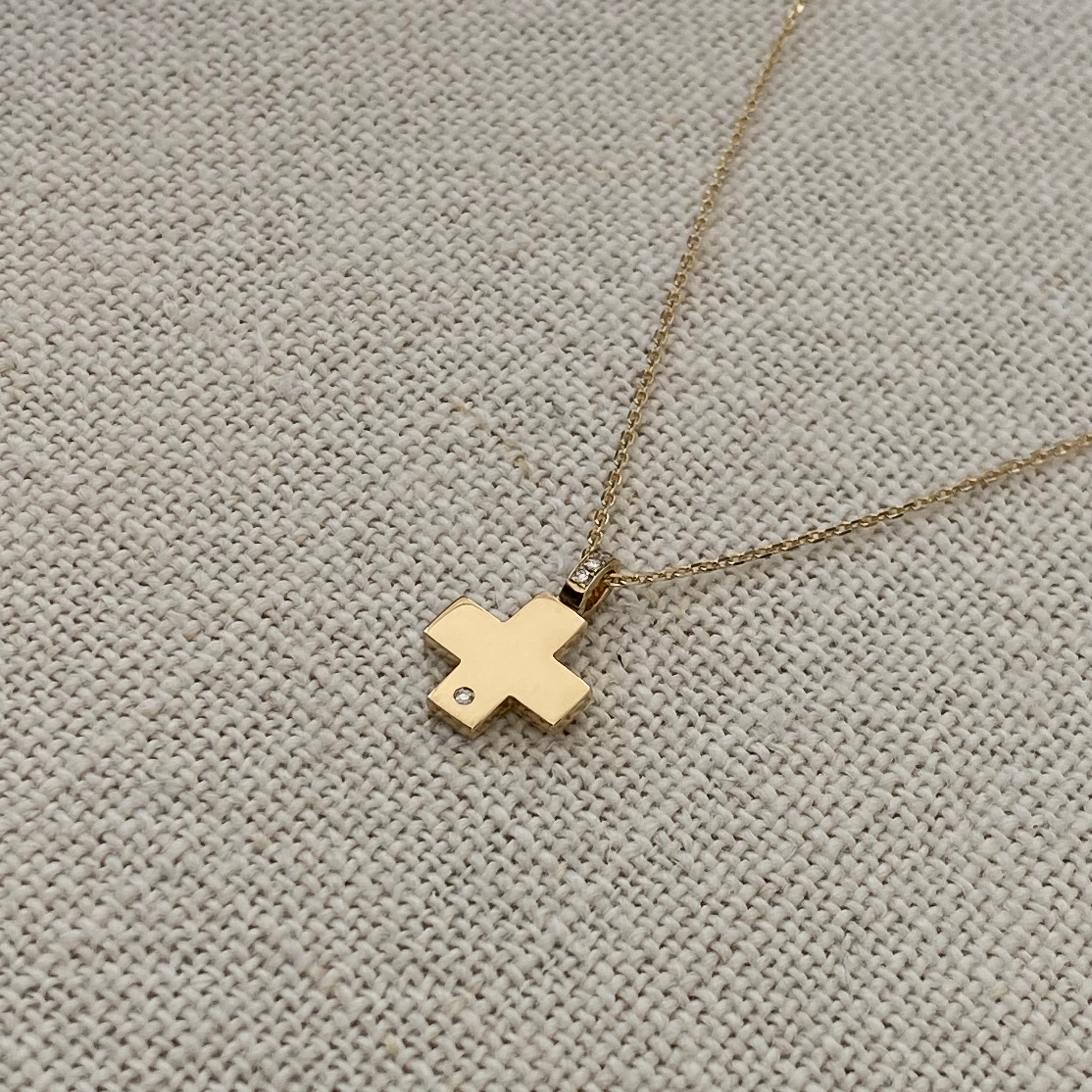 Tiny Squared Gold Cross Pendant with a diamond hoop