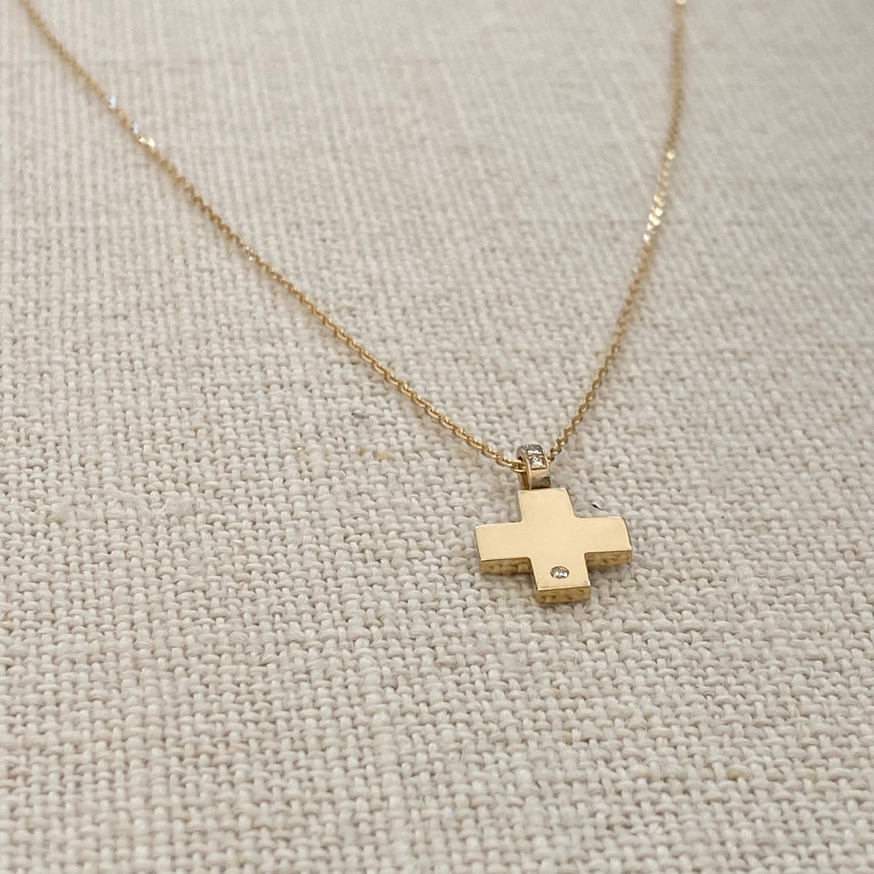 Tiny Squared Gold Cross Pendant with a diamond hoop