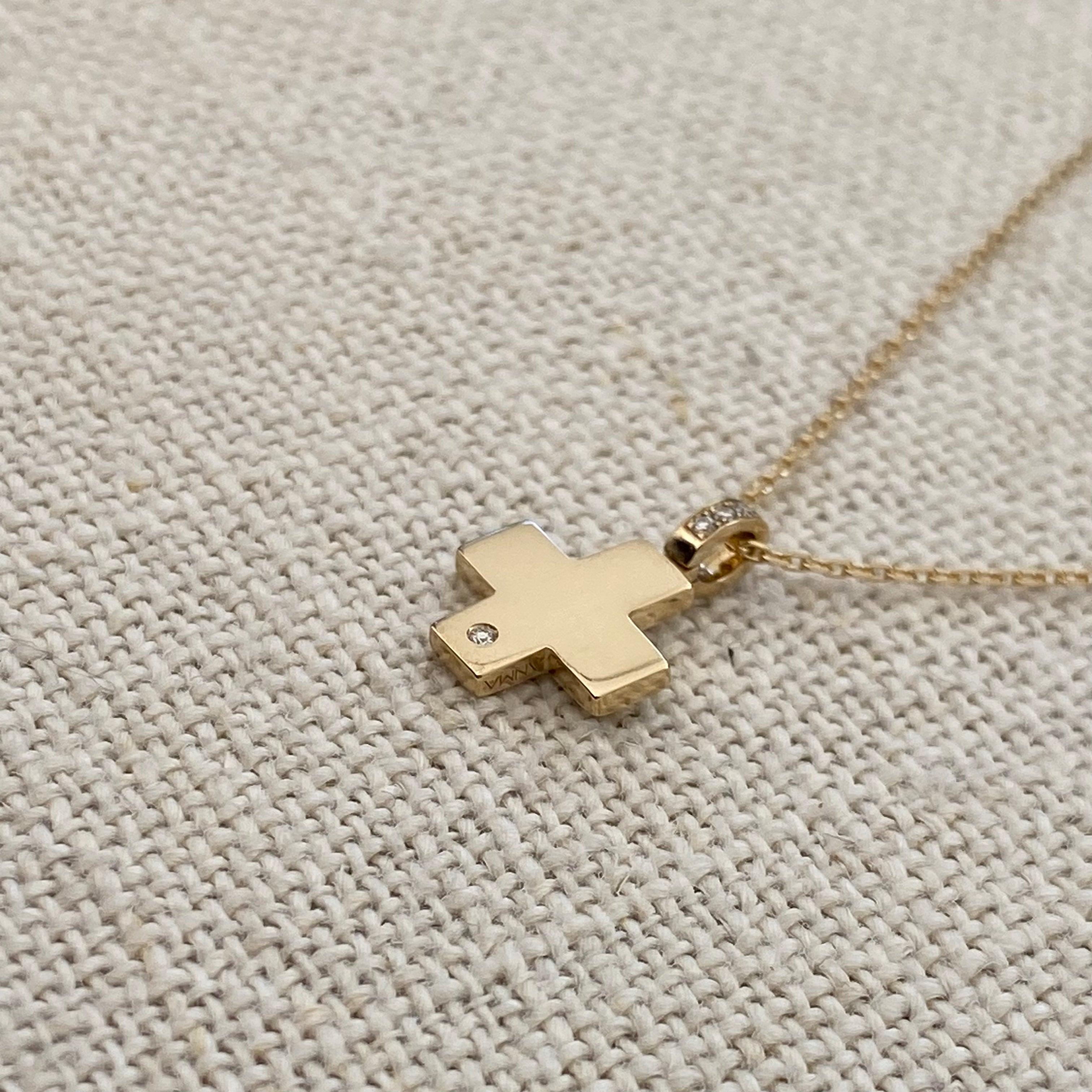Tiny Squared Gold Cross Pendant with a diamond hoop