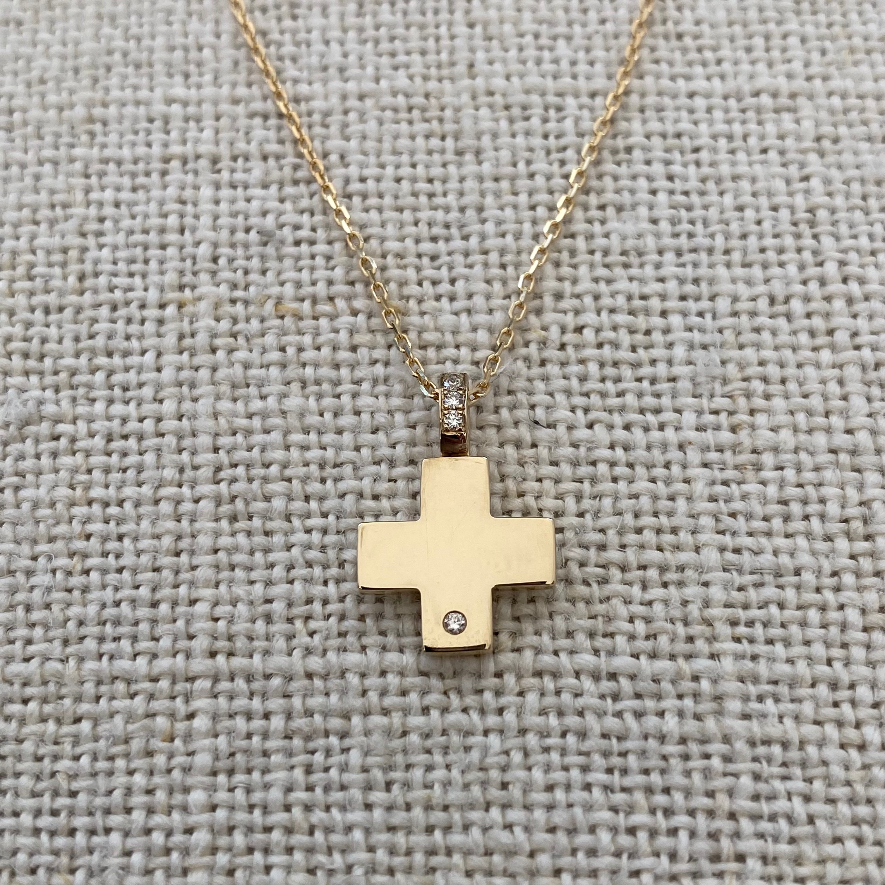 Tiny Squared Gold Cross Pendant with a diamond hoop