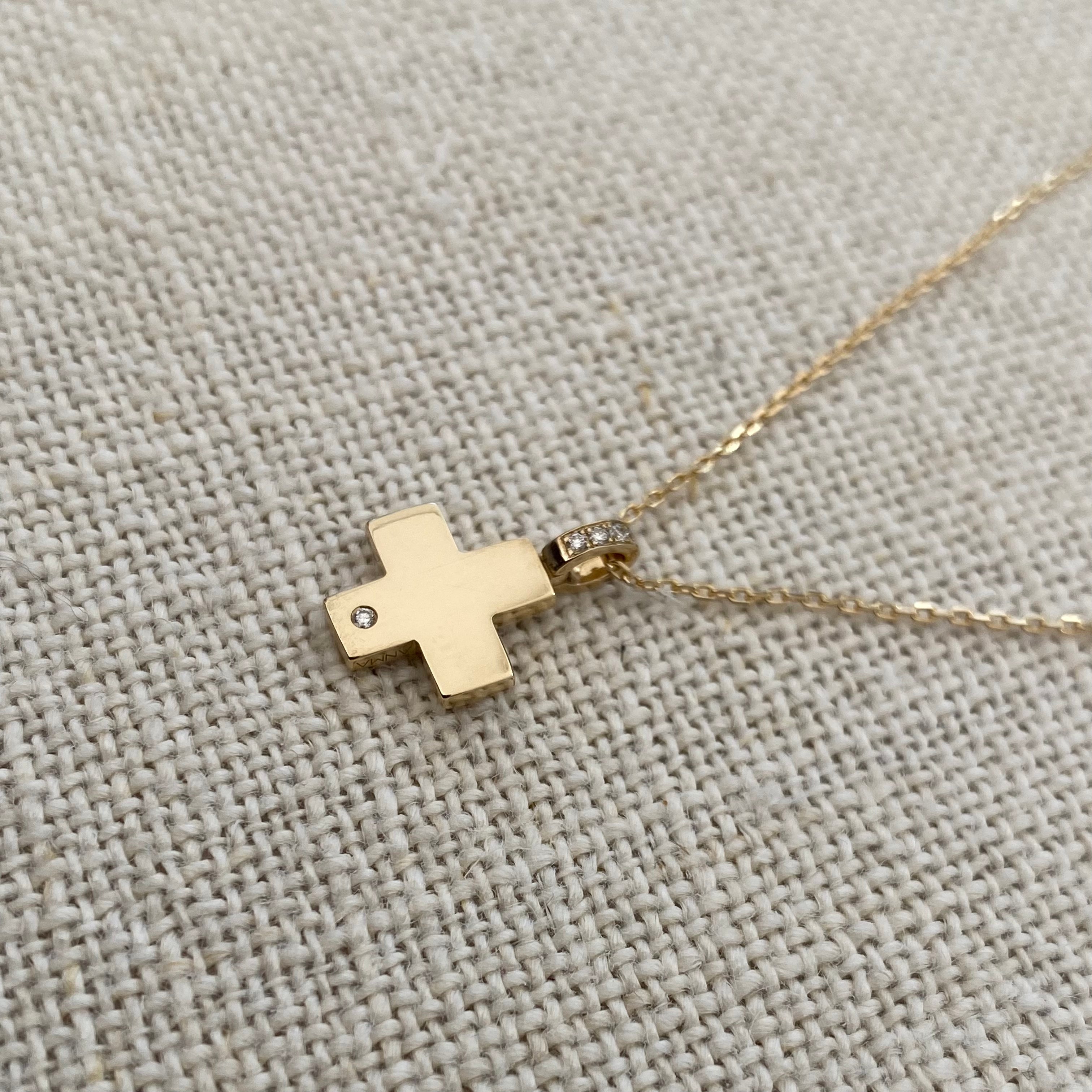 Tiny Squared Gold Cross Pendant with a diamond hoop