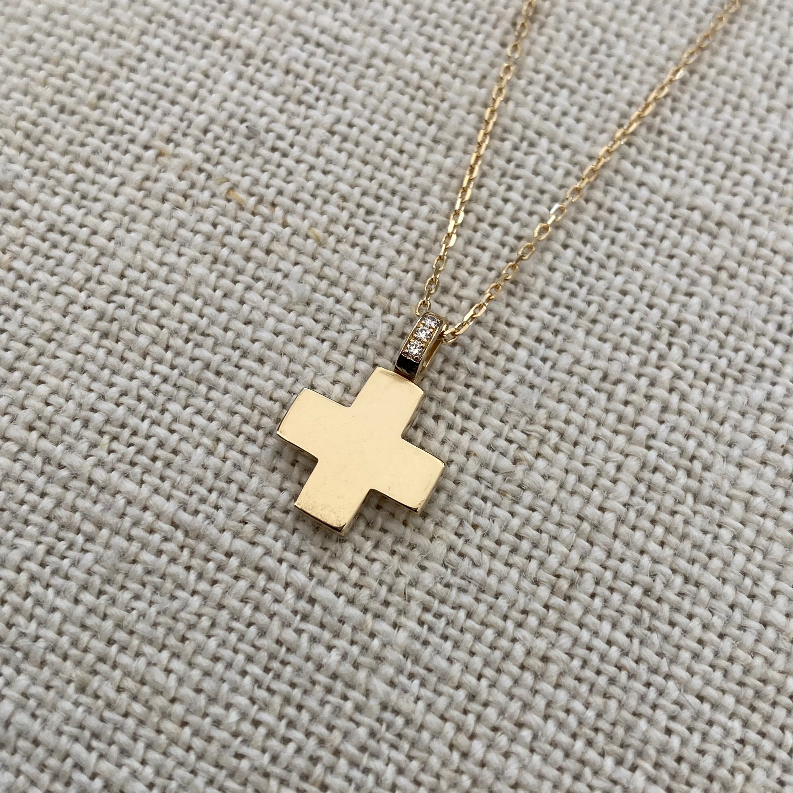 Tiny Squared Gold Cross Pendant with a diamond hoop