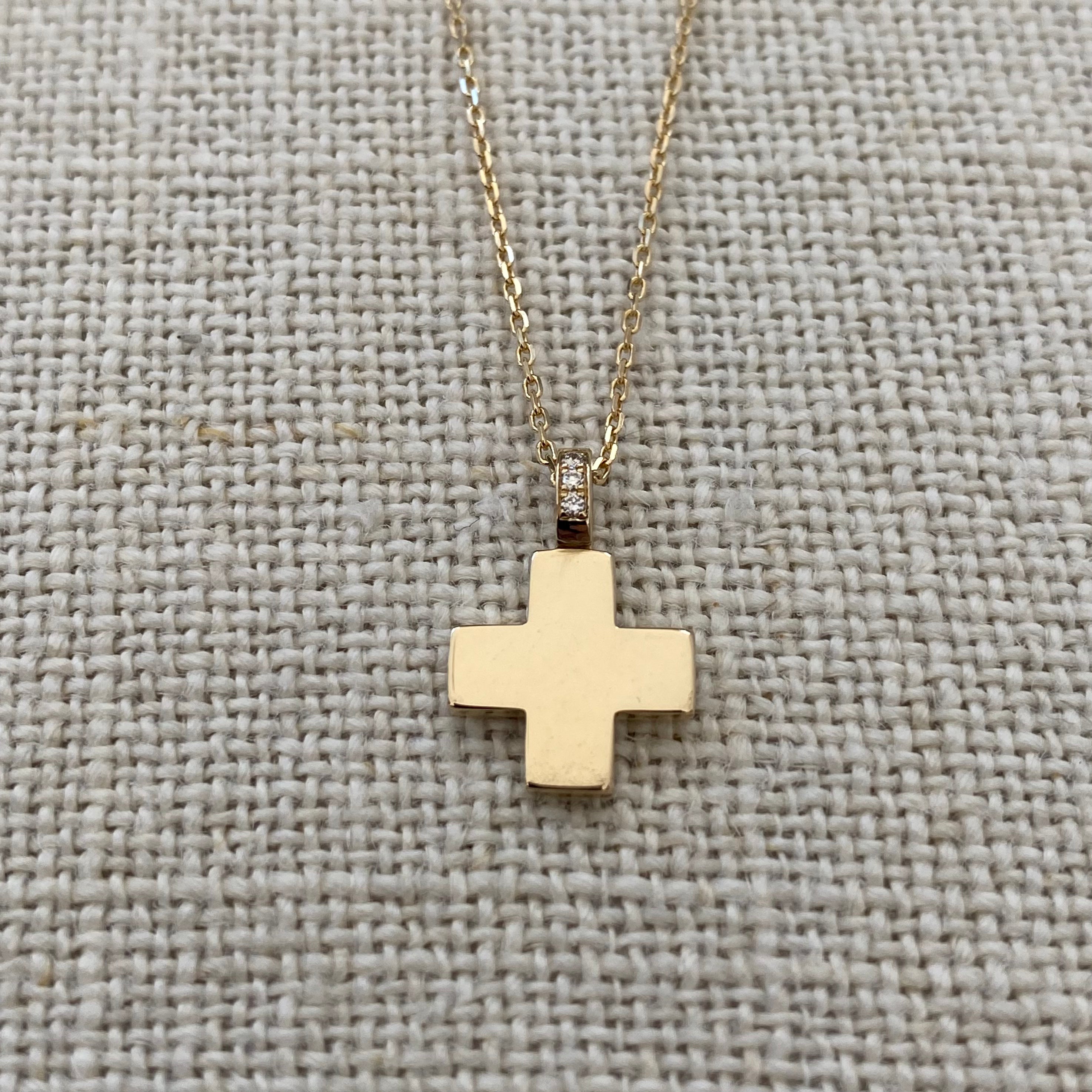 Tiny Squared Gold Cross Pendant with a diamond hoop