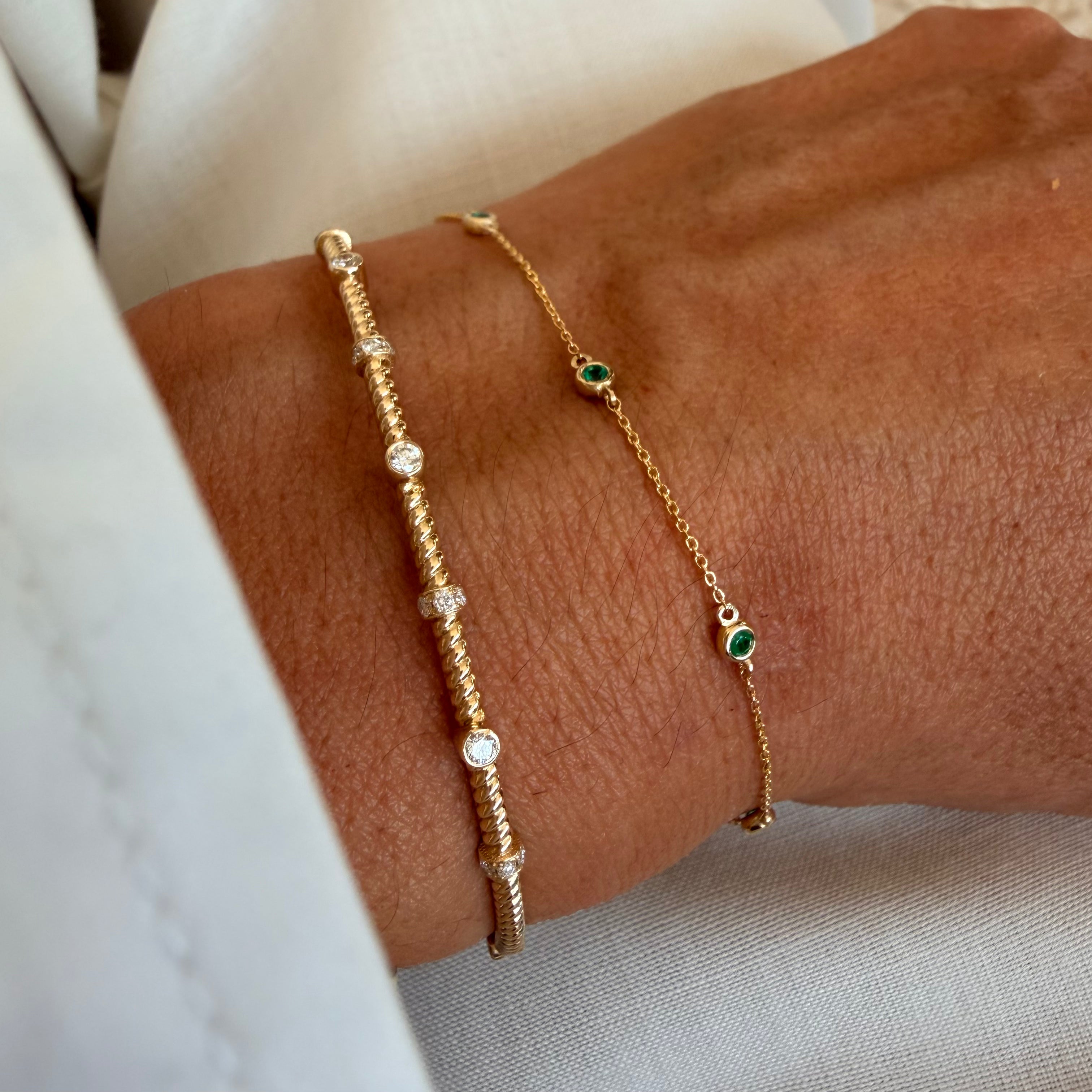 14K Gold Beaded Emerald Chain Bracelet