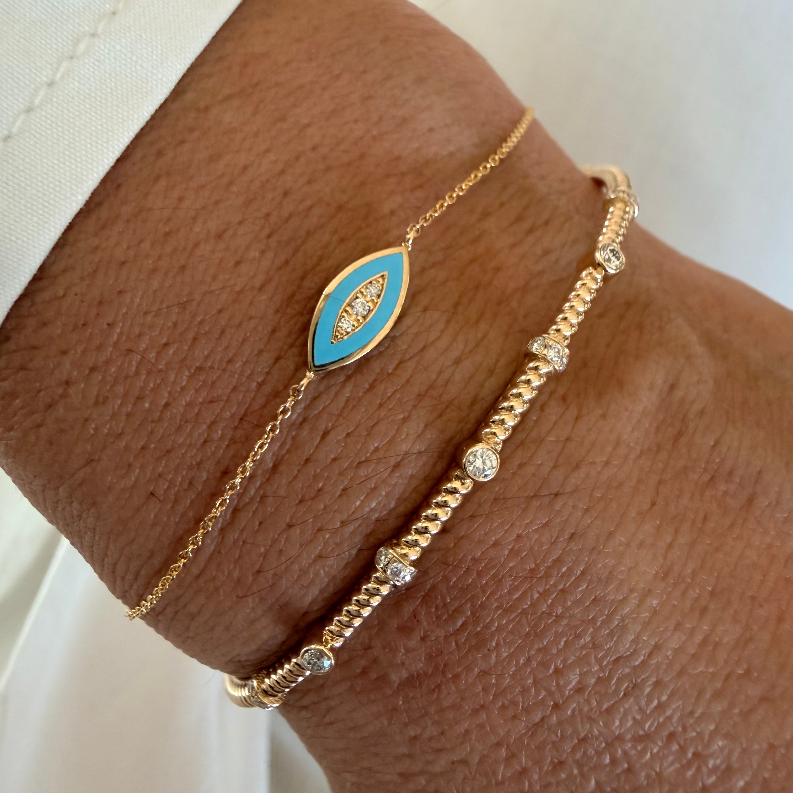 14K Gold Chain Bracelet with Navette Turquoise Enamel Diamond Motif