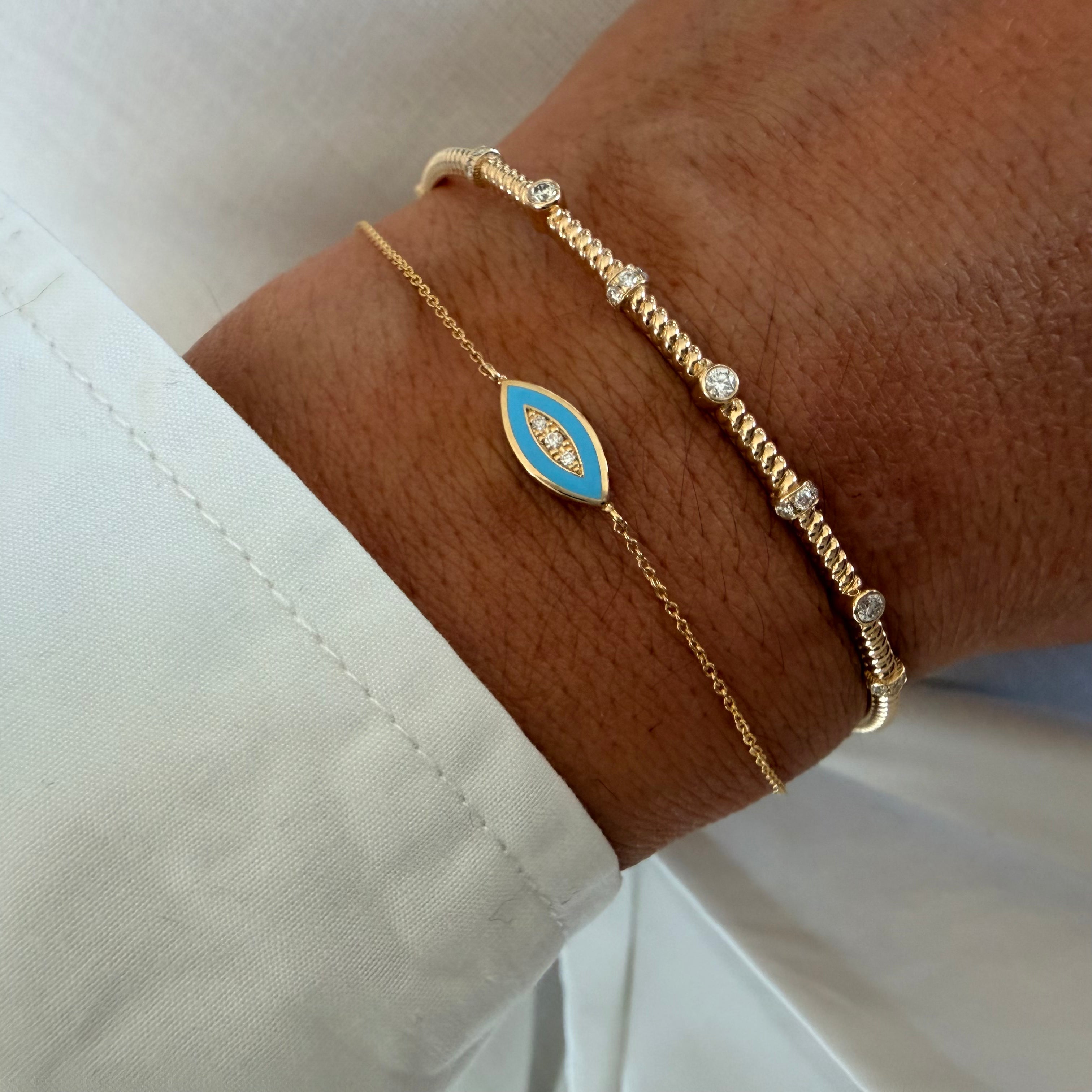 14K Gold Chain Bracelet with Navette Turquoise Enamel Diamond Motif