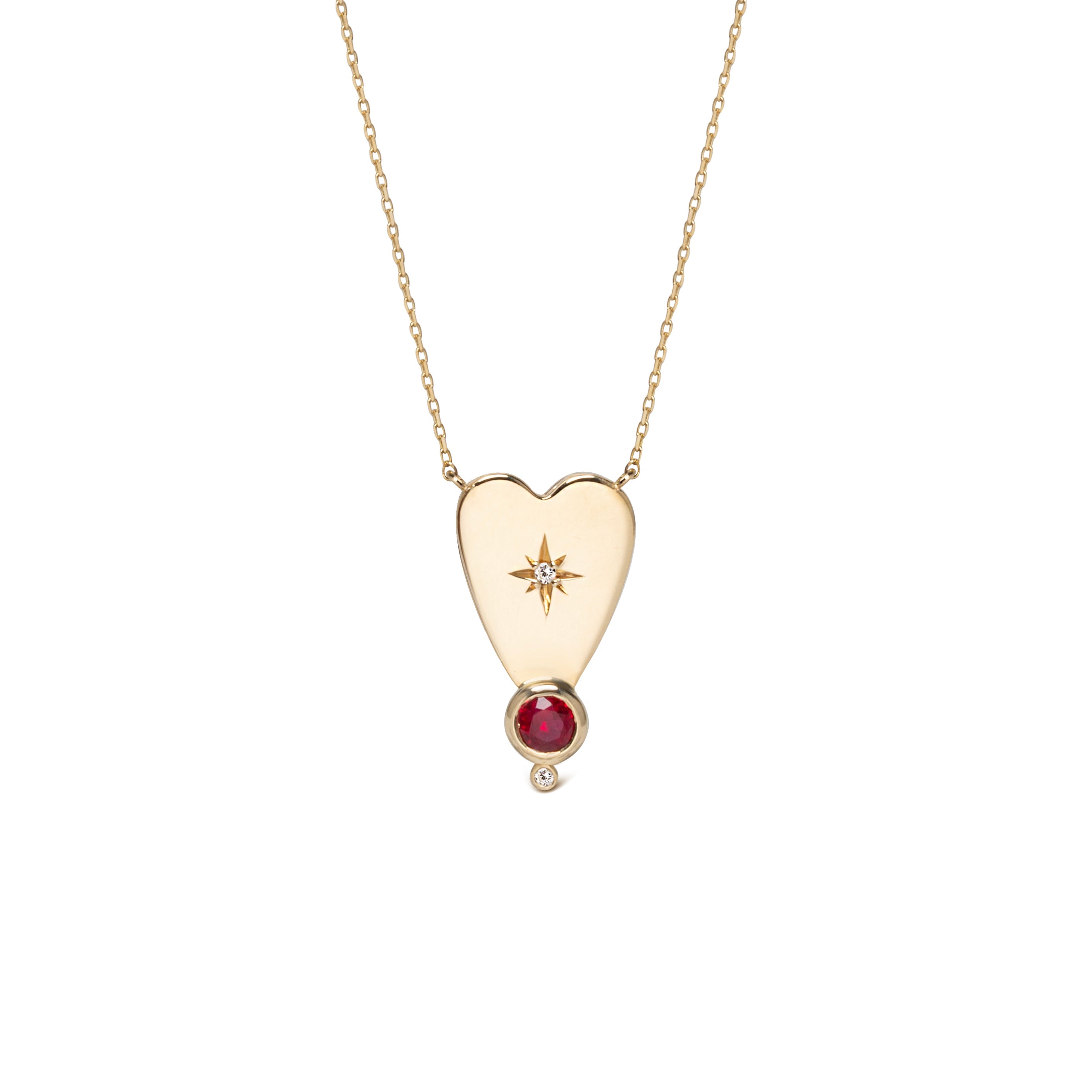 14K Gold Big Heart Diamond Star Necklace with Ruby