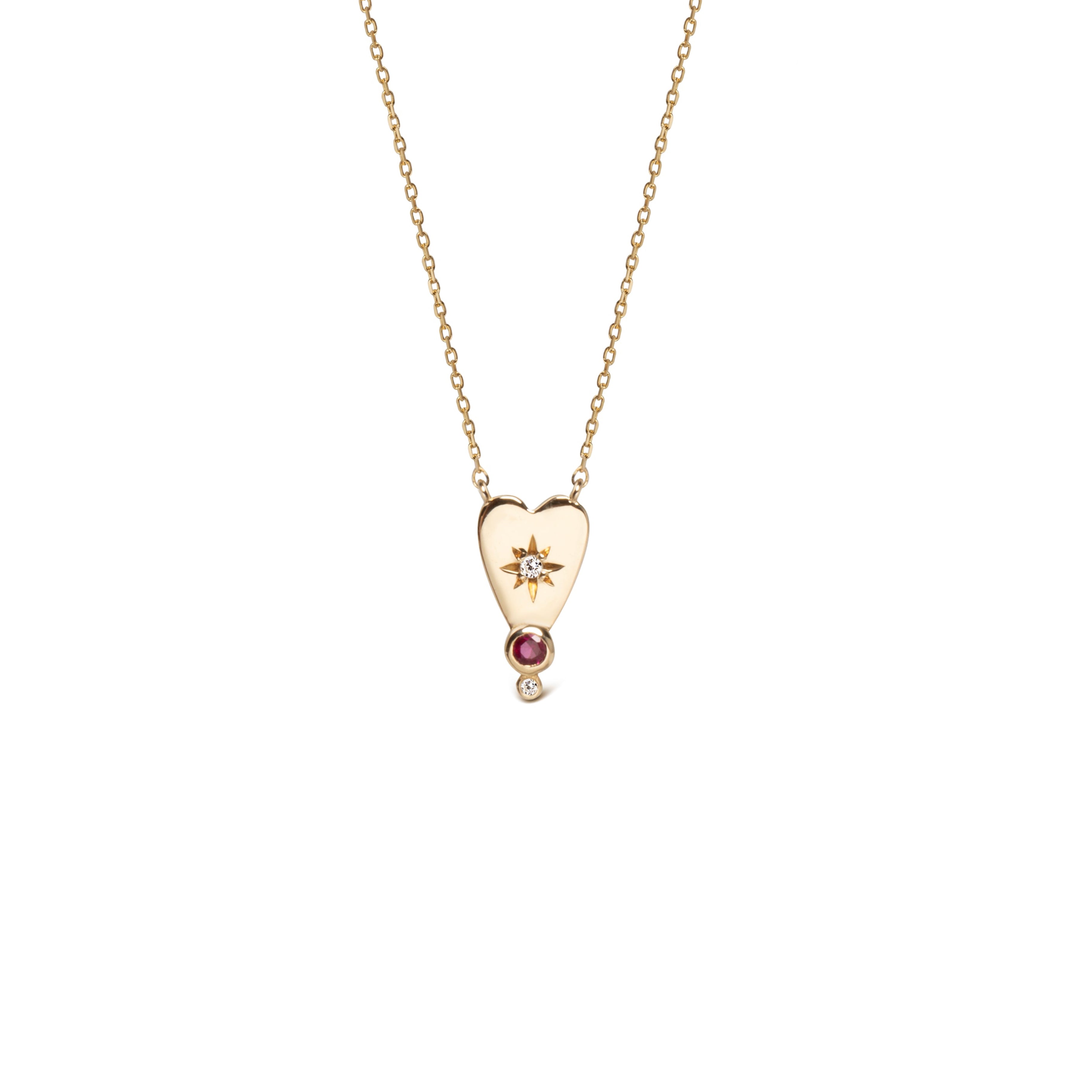 14K Gold Small Heart Diamond Star Necklace with Ruby