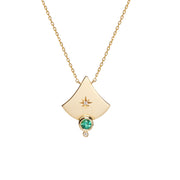 14K Gold Big Curved Triangle Diamond Star Necklace with Emerald