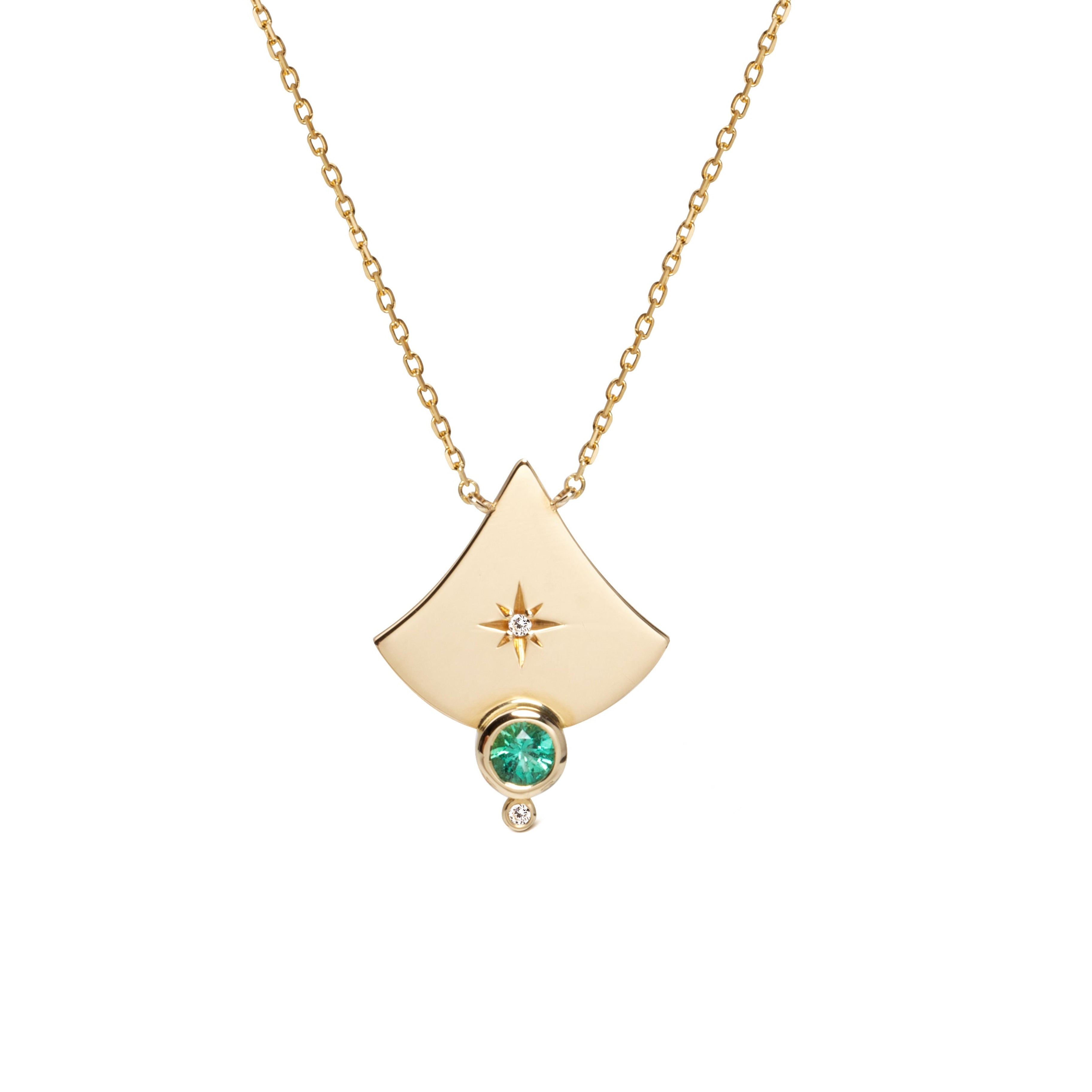 14K Gold Big Curved Triangle Diamond Star Necklace with Emerald