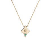 14K Gold Curved Triangle Diamond Star Necklace with Emerald