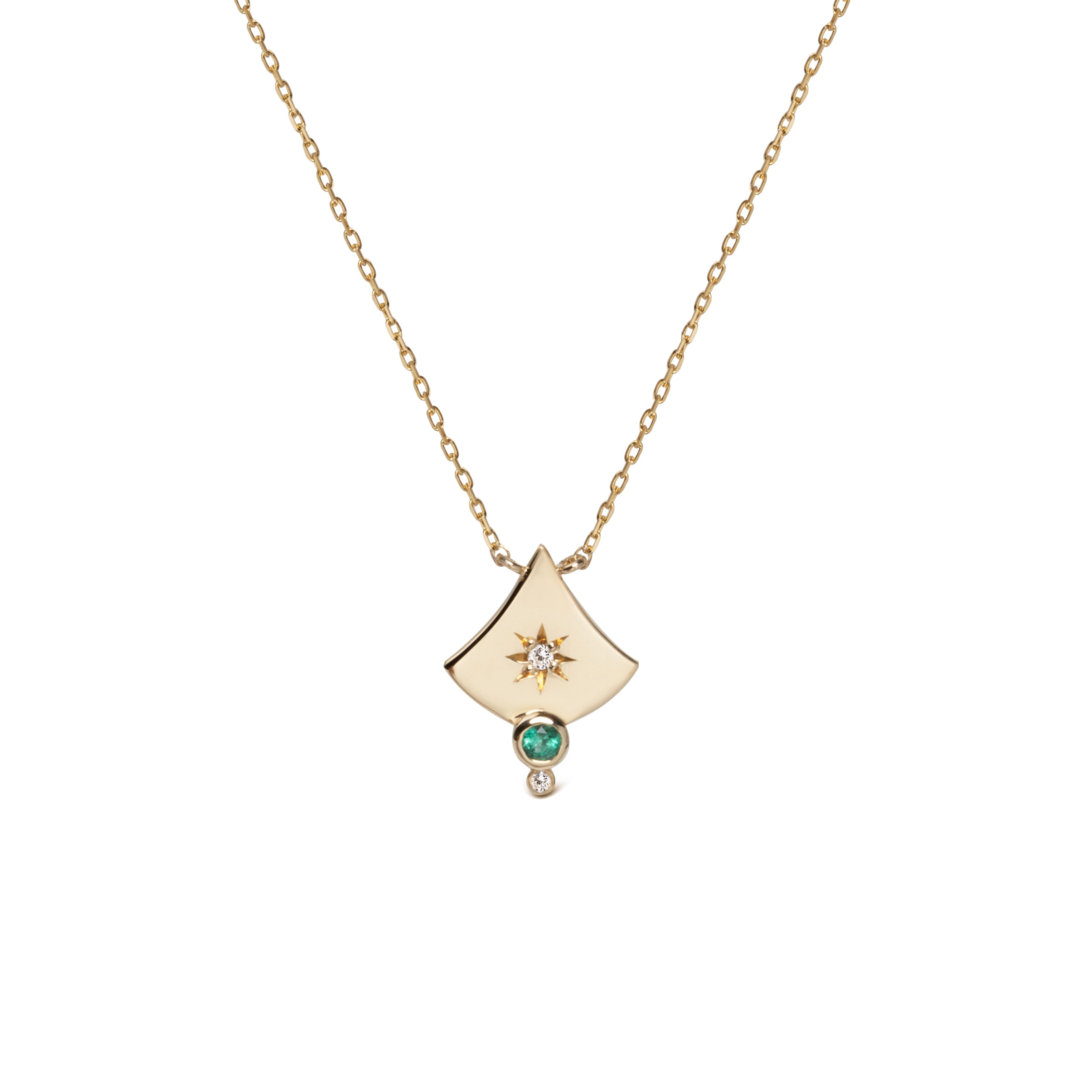 14K Gold Curved Triangle Diamond Star Necklace with Emerald