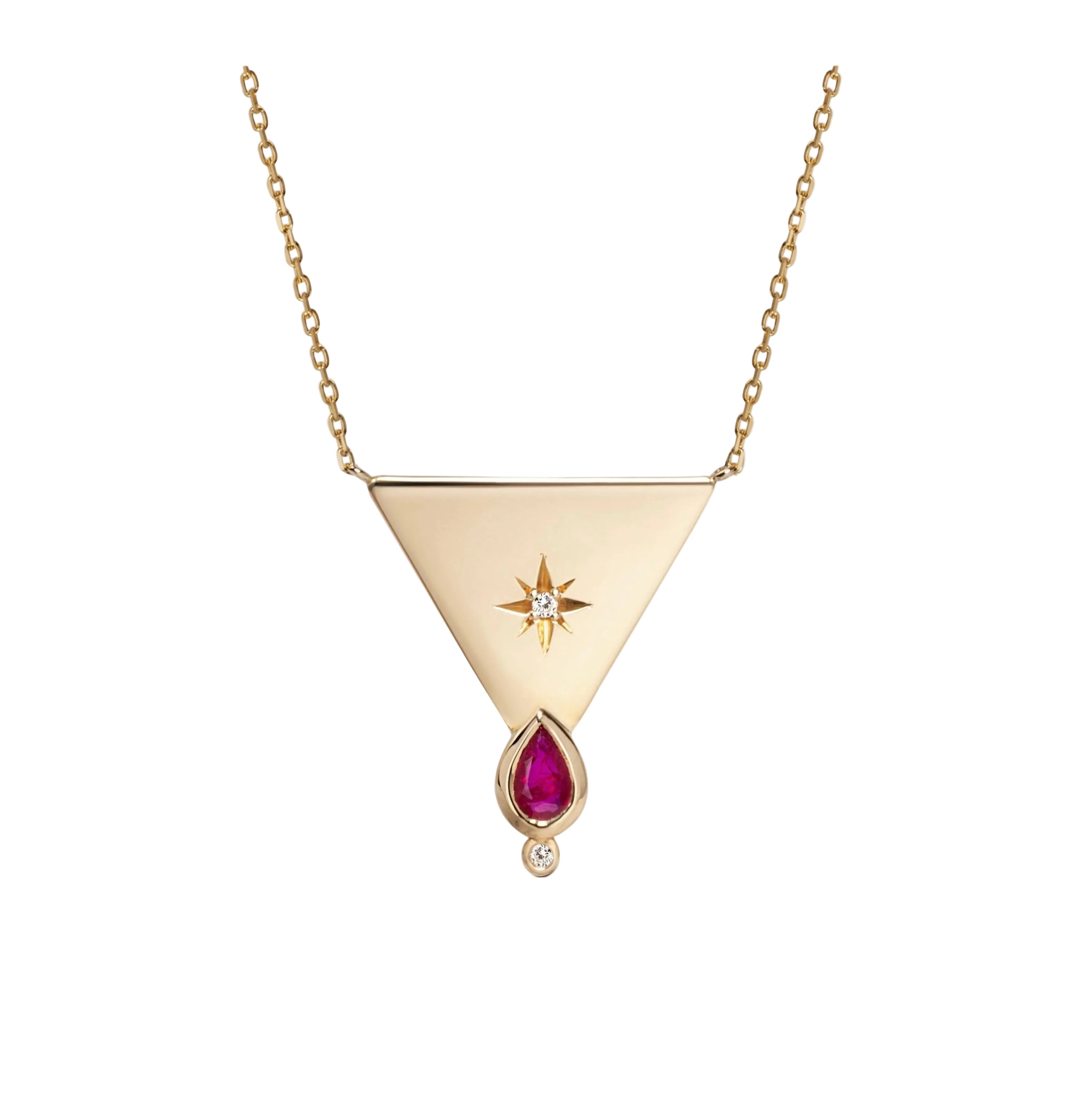 14K Gold Big Triangle Diamond Star Necklace with Ruby