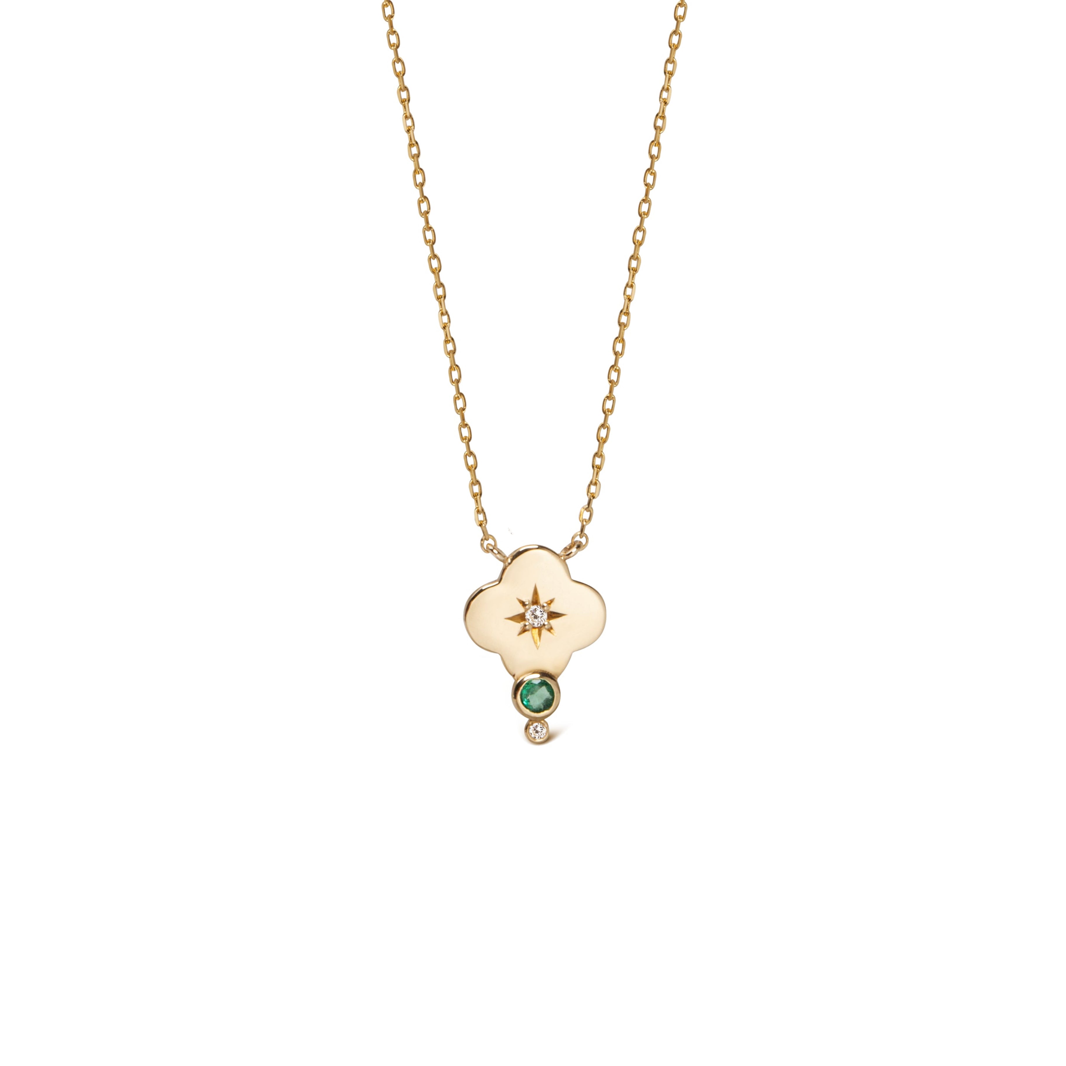 14K Gold Small Flower Diamond Star Necklace with Emerald
