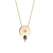 14K Gold Big Circle Diamond Star Necklace with Sapphire