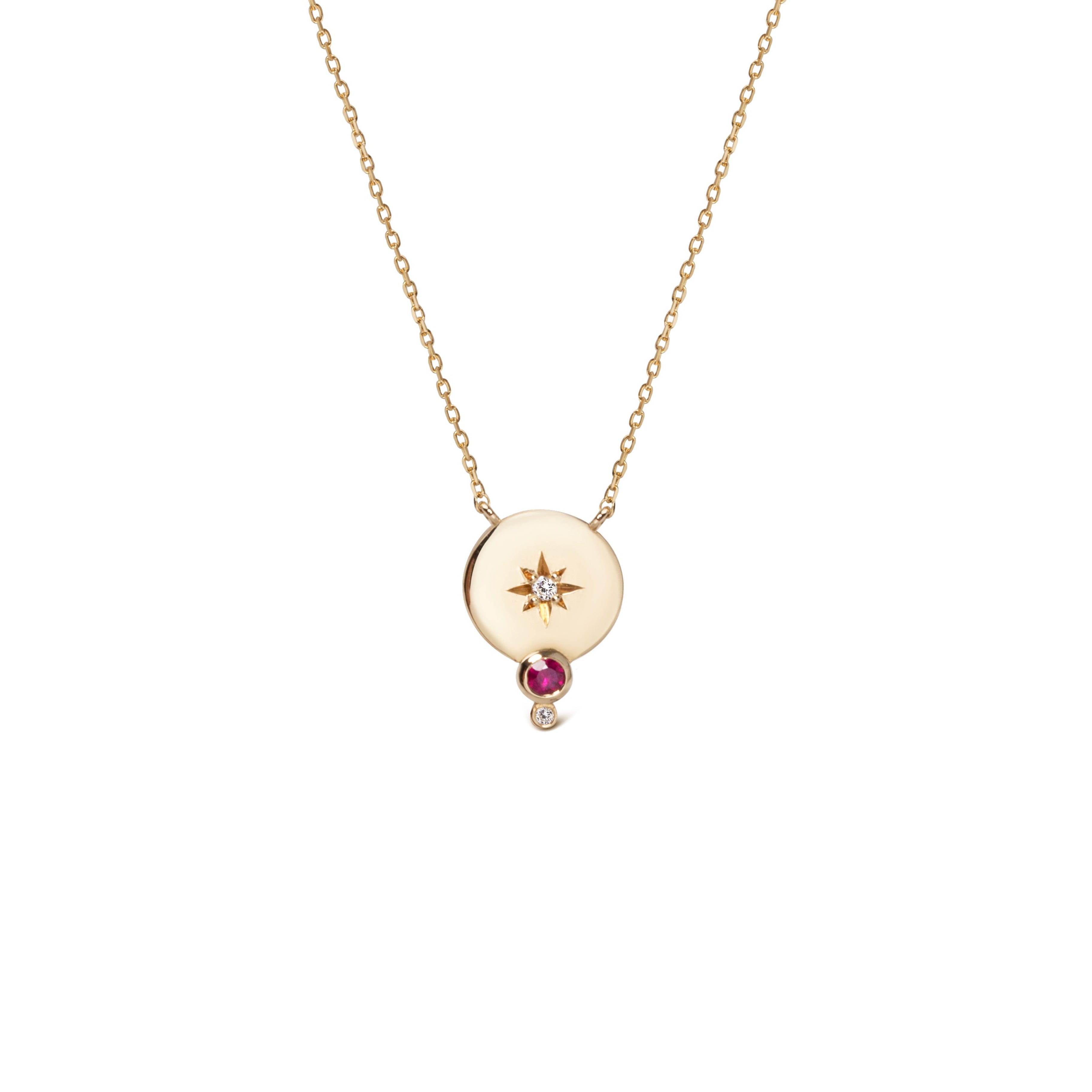 14K Gold Small Circle Diamond Star Necklace with Ruby