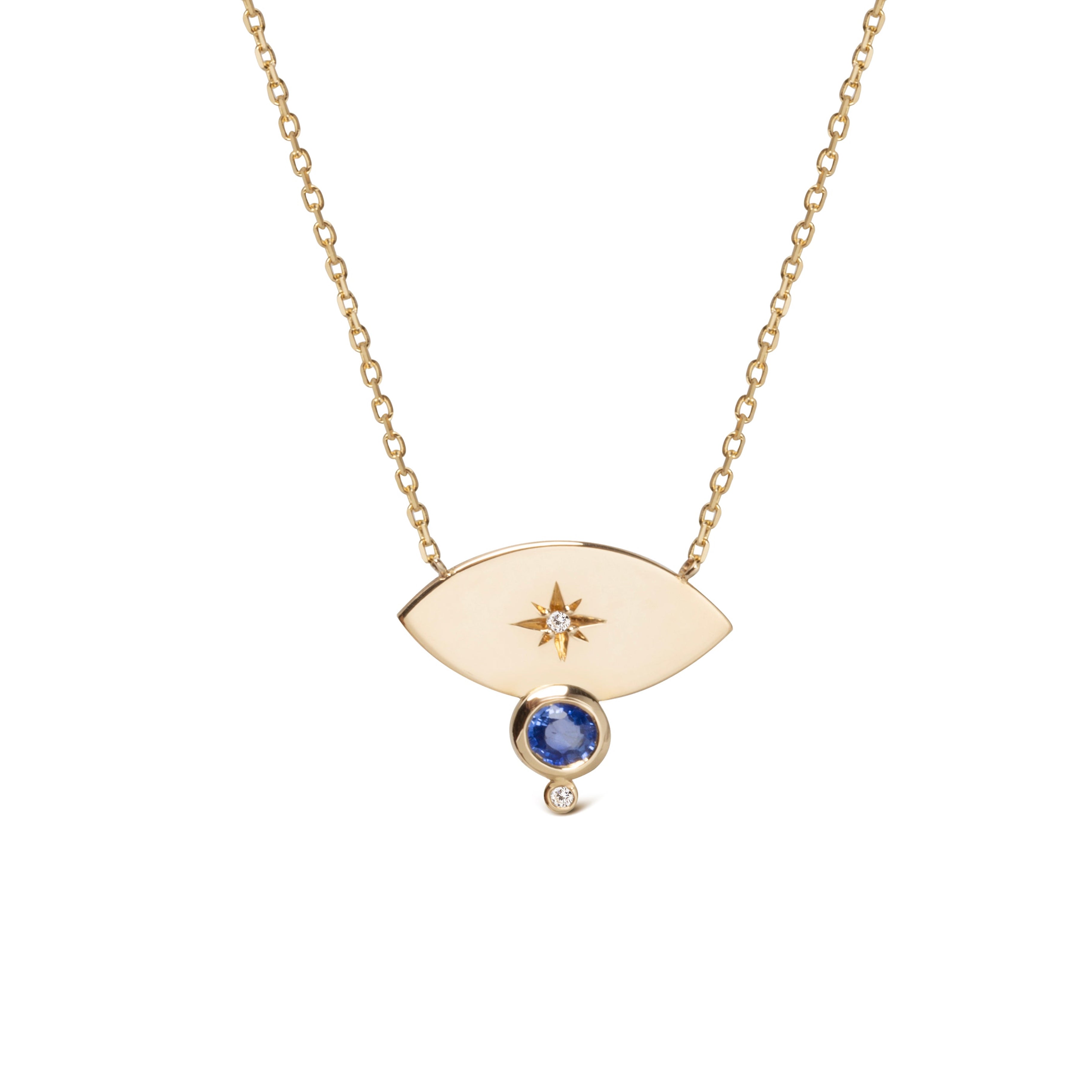 14K Gold Big Navette Diamond Star Necklace with Sapphire