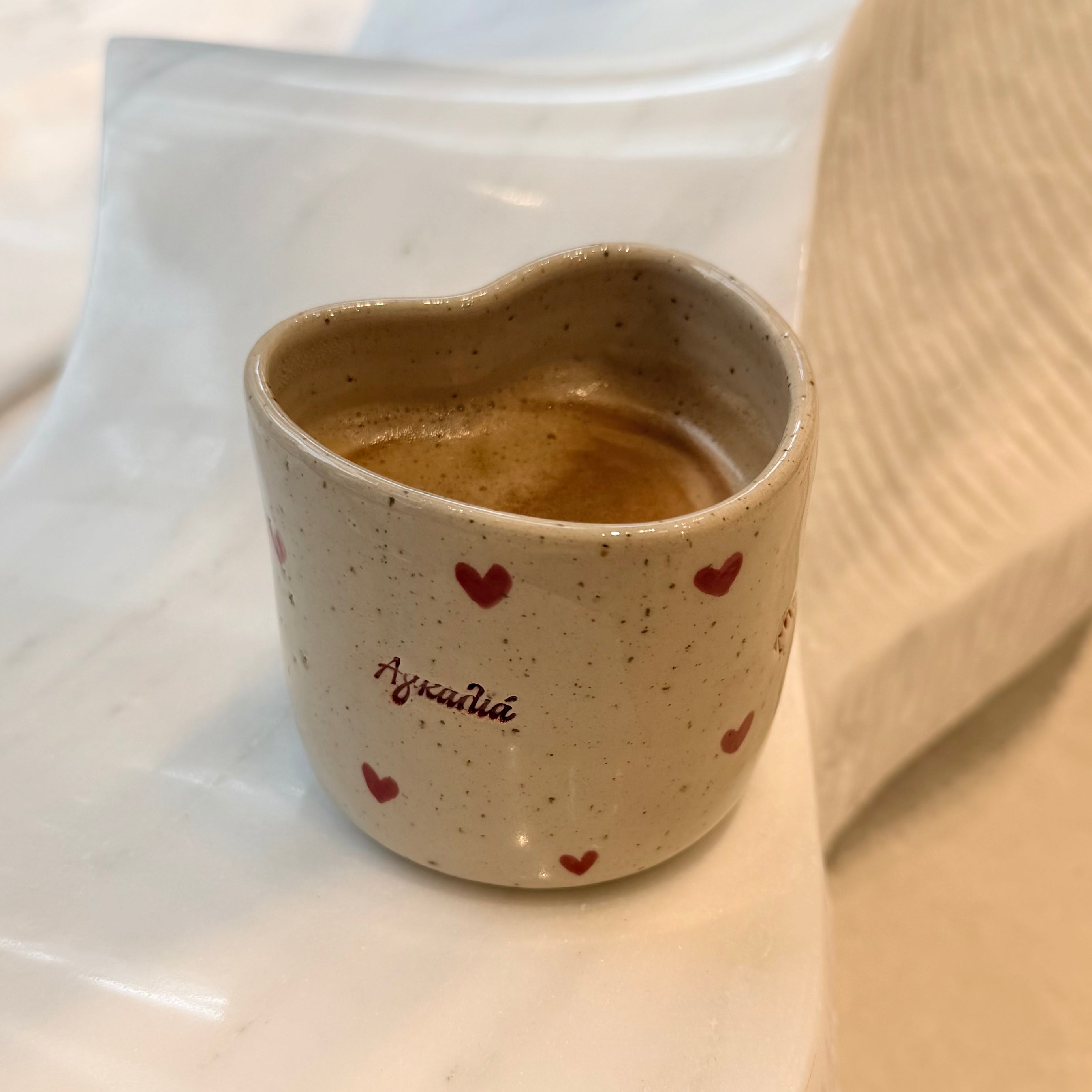 Heart shape - Handmade Ceramic Coffee Mug – "Αγκαλιά" & "Φροντίδα"