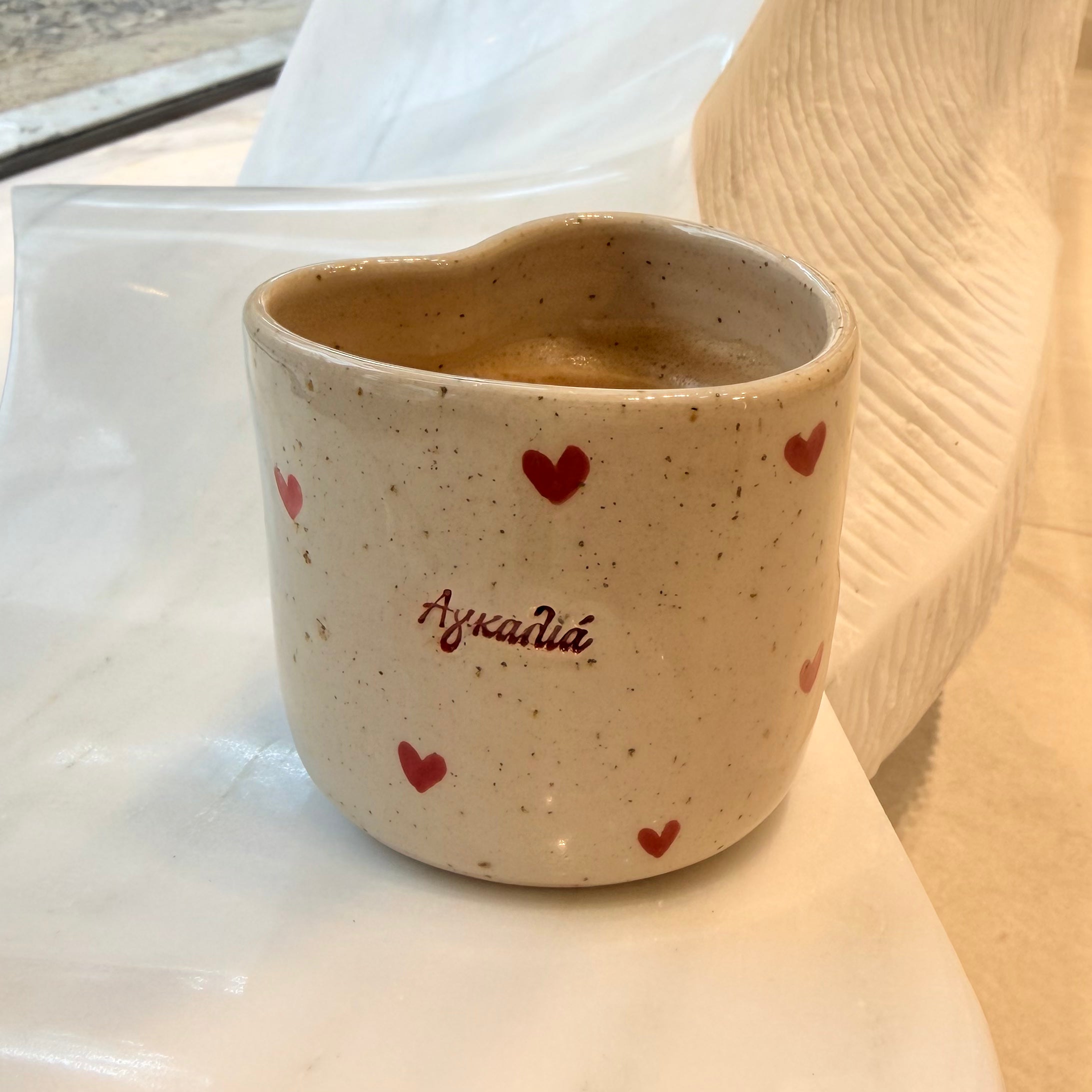 Heart shape - Handmade Ceramic Coffee Mug – "Αγκαλιά" & "Φροντίδα"