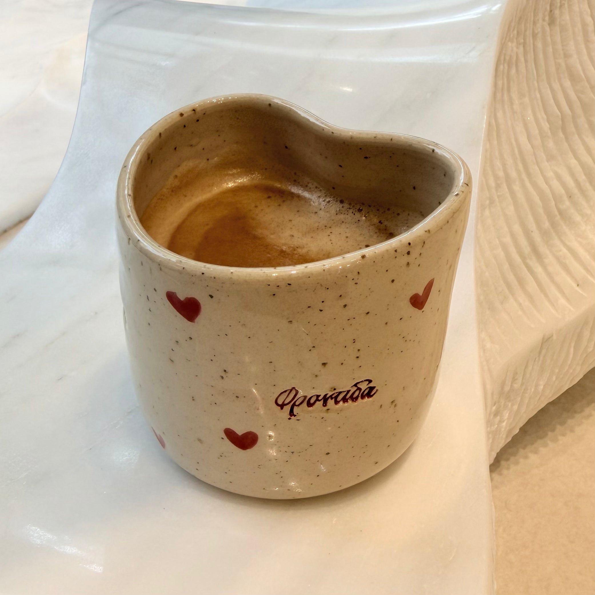 Heart shape - Handmade Ceramic Coffee Mug – "Αγκαλιά" & "Φροντίδα"