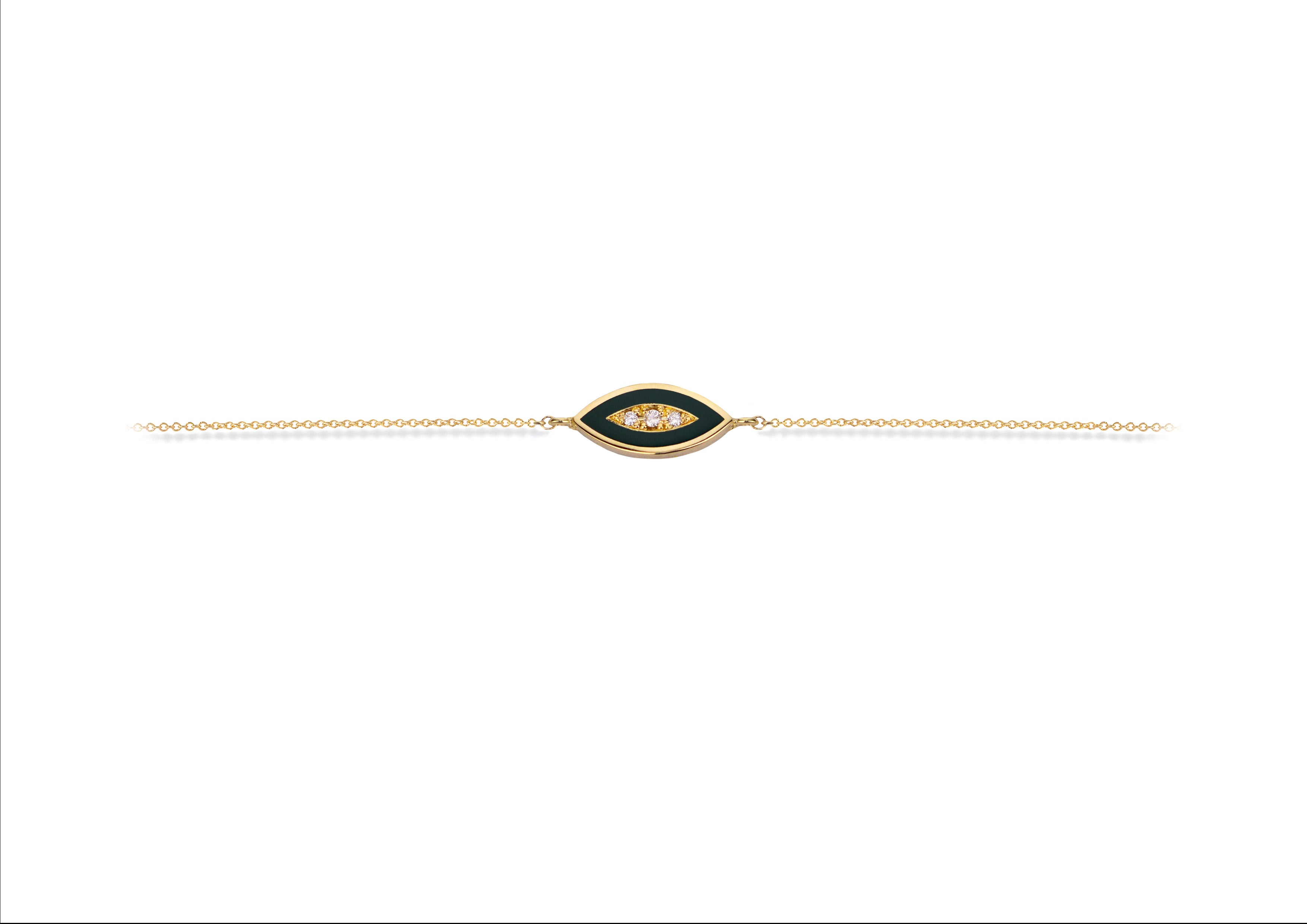 14K Gold Chain Bracelet with Navette Green Enamel Diamond Motif