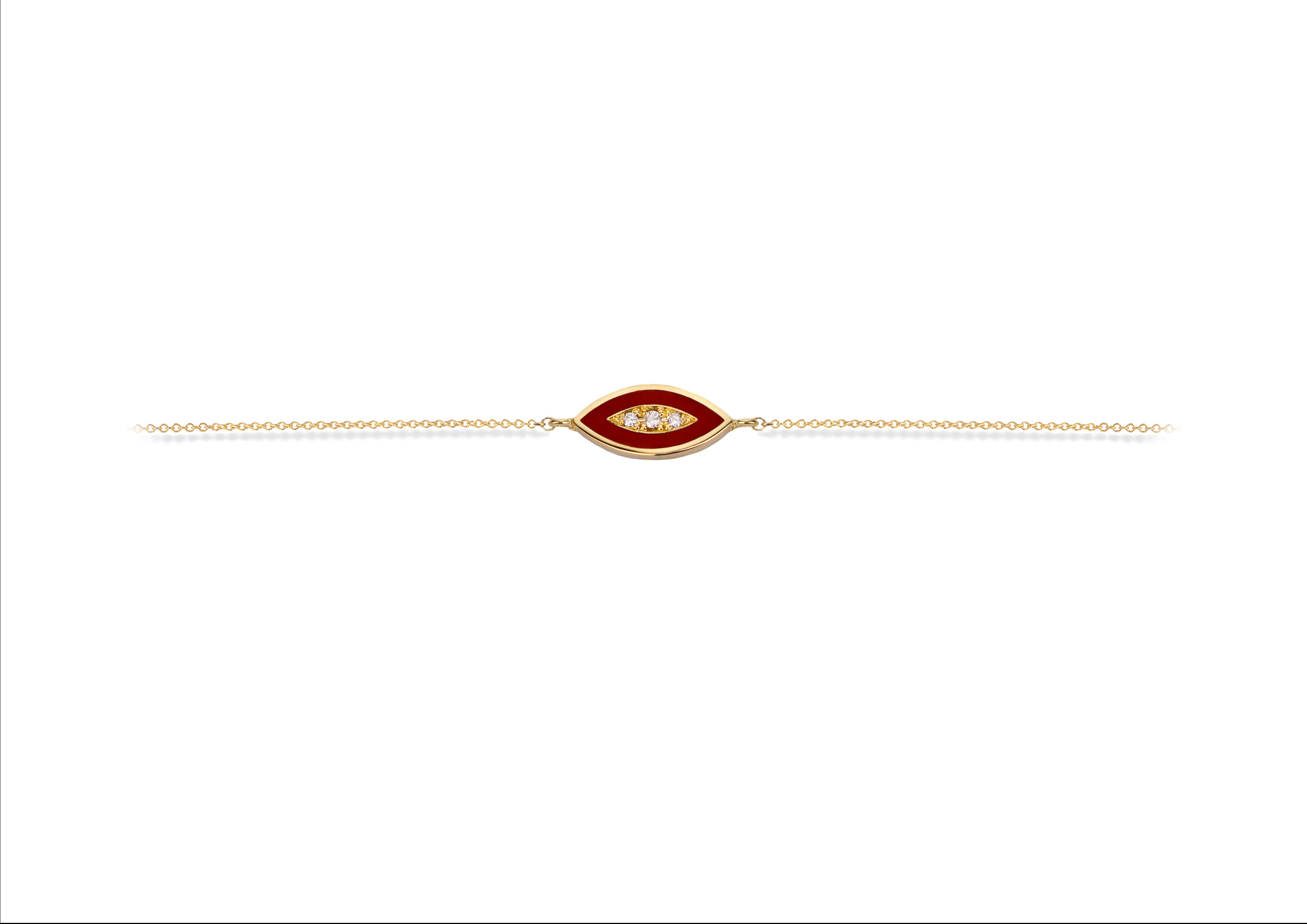14K Gold Chain Bracelet with Navette Red Enamel Diamond Motif