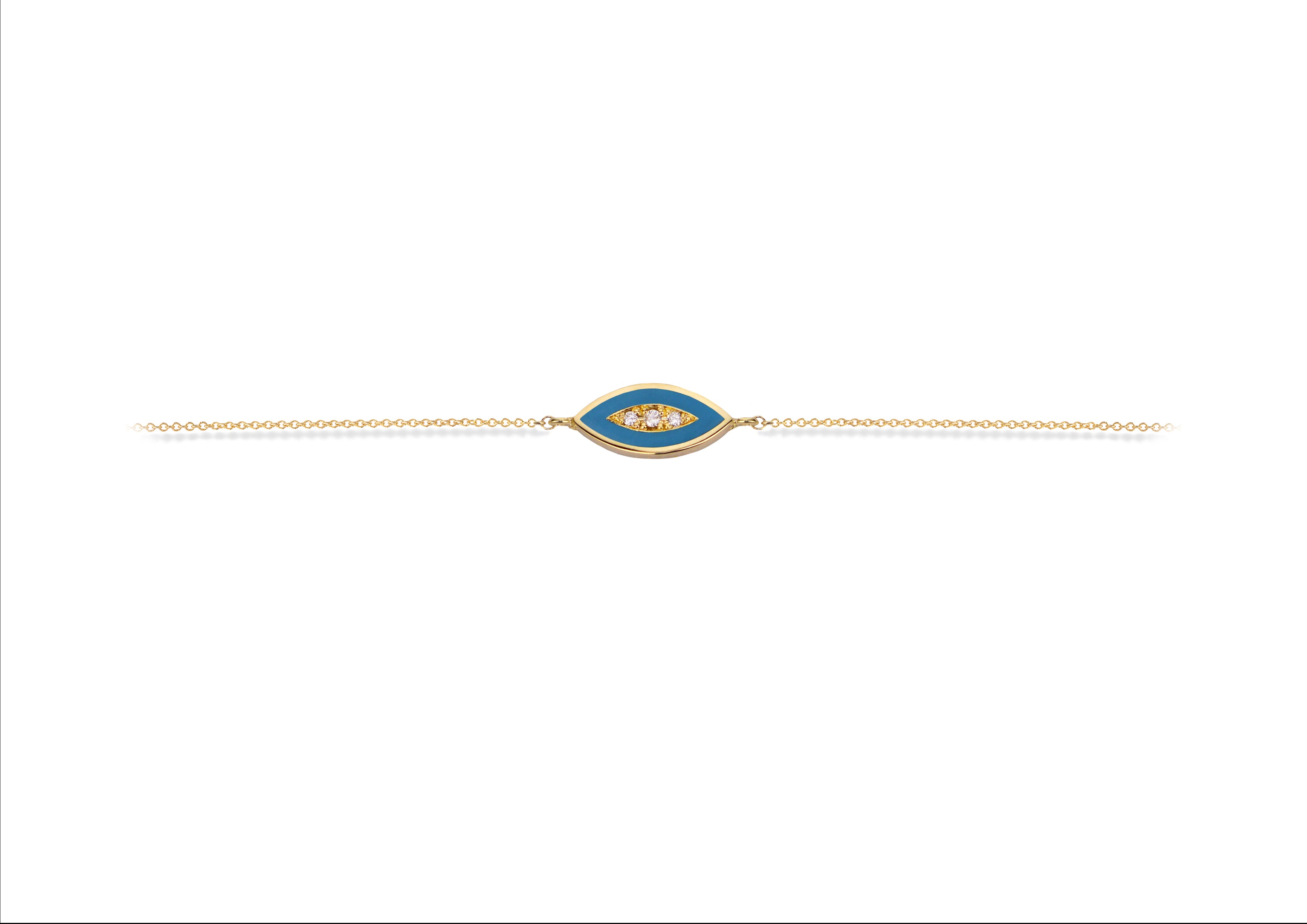 14K Gold Chain Bracelet with Navette Turquoise Enamel Diamond Motif