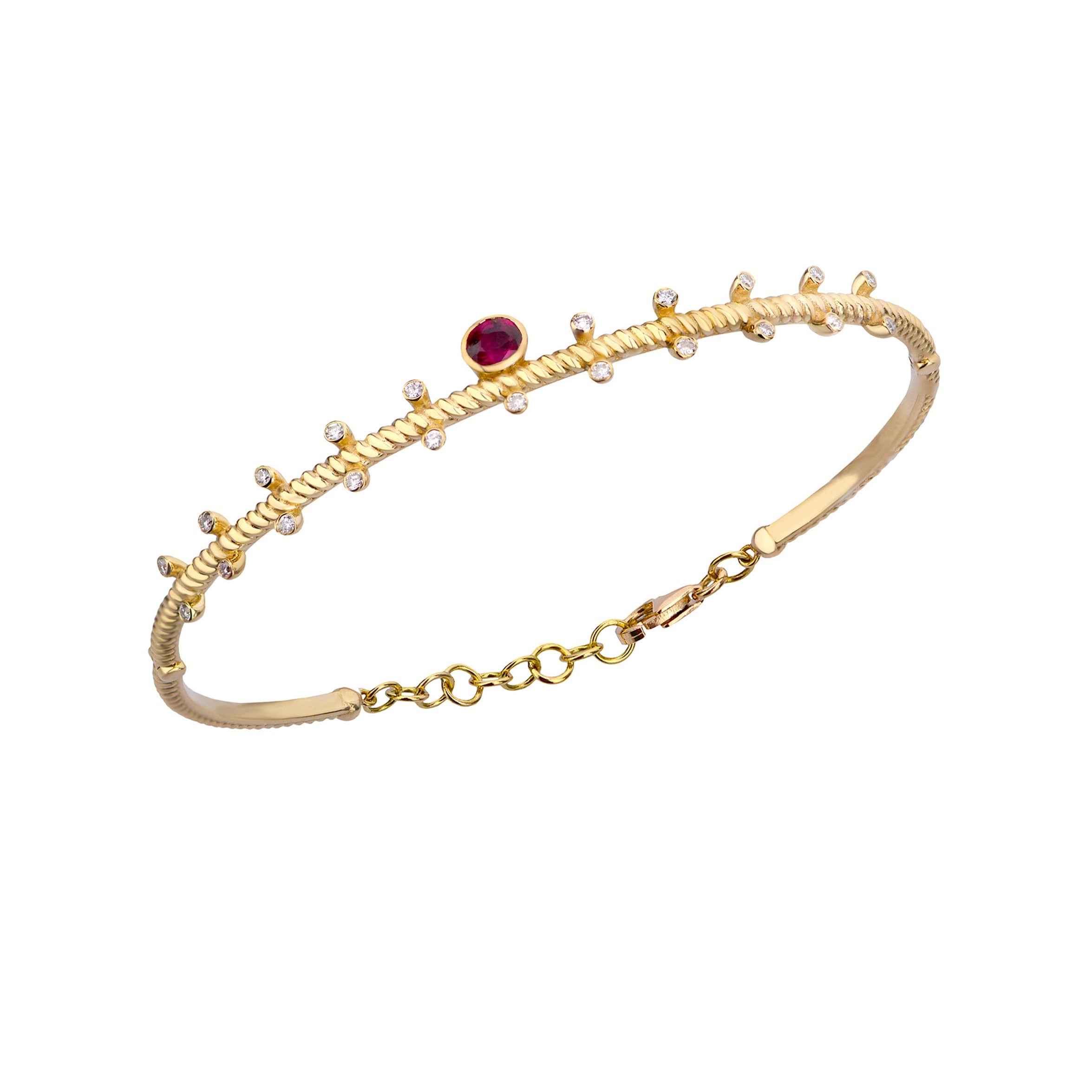 14K Gold Twisted Bracelet with Diamonds and Ruby