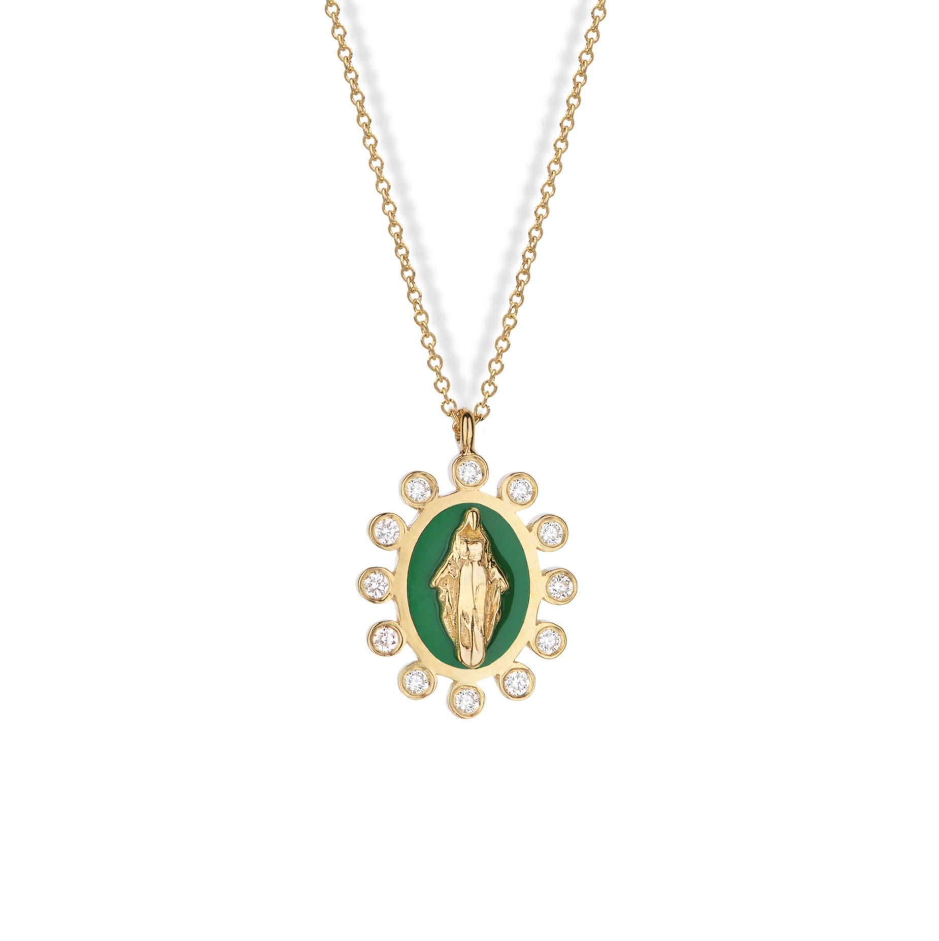 14K Gold Enamel Virgin Mary Pendant with Diamonds