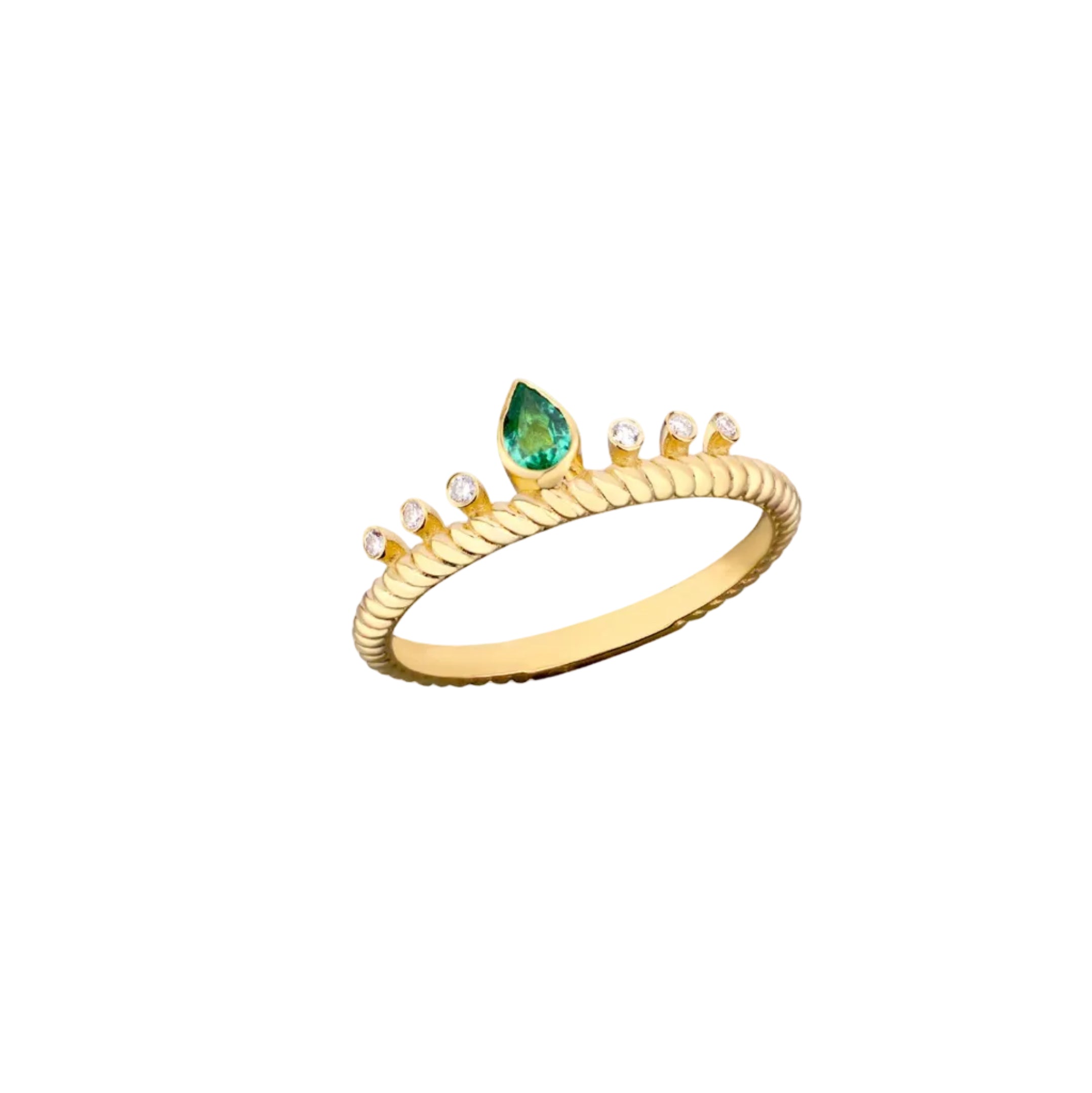 14K Gold Twisted Band Emerald Diamond Ring