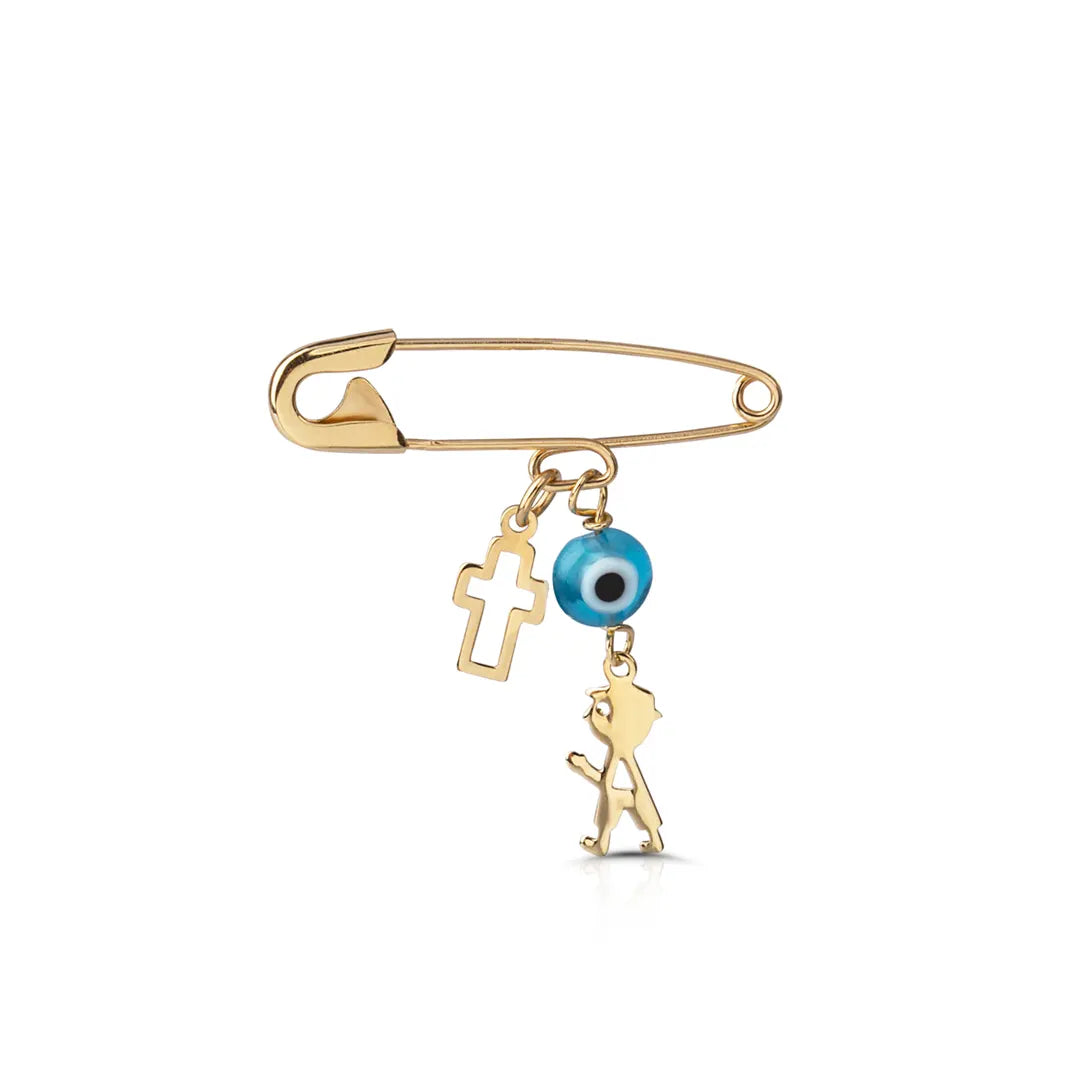 14K Gold Safety Pin Amulet Necklace, Boy